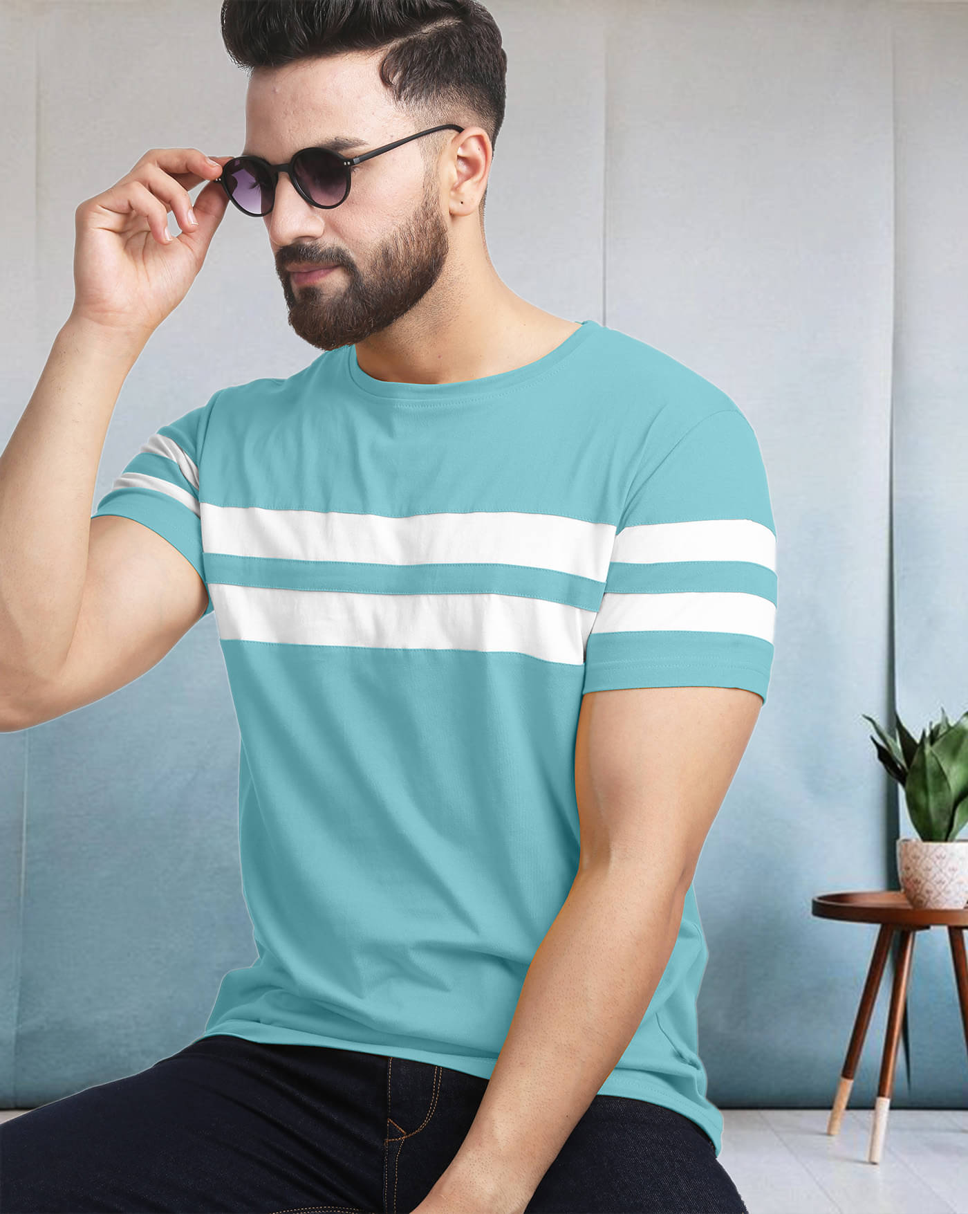 AOOSH Cotton Blend Regular Fit Colorblock Half Sleeves Men's Round T-Shirt - Aqua Blue ( Pack of 1 ) AOOSH Cotton Blend Regular Fit Colorblock Half Sleeves Men's Round T-Shirt - Aqua Blue ( Pack of 1 )