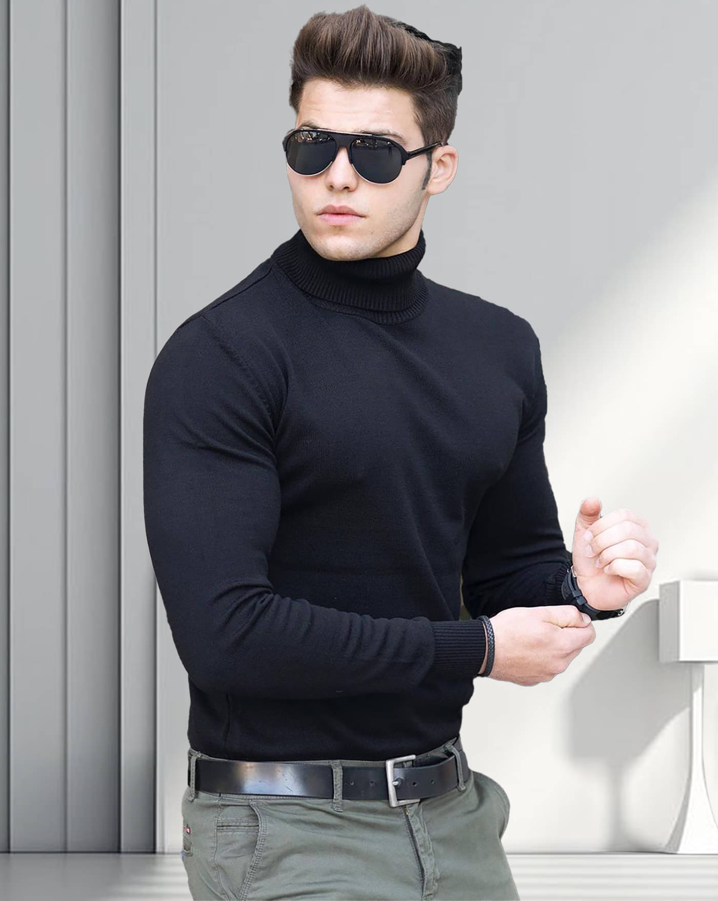     			AOOSH Cotton Blend Regular Fit Solid Full Sleeves Men's High Neck T-Shirt - Black ( Pack of 1 )