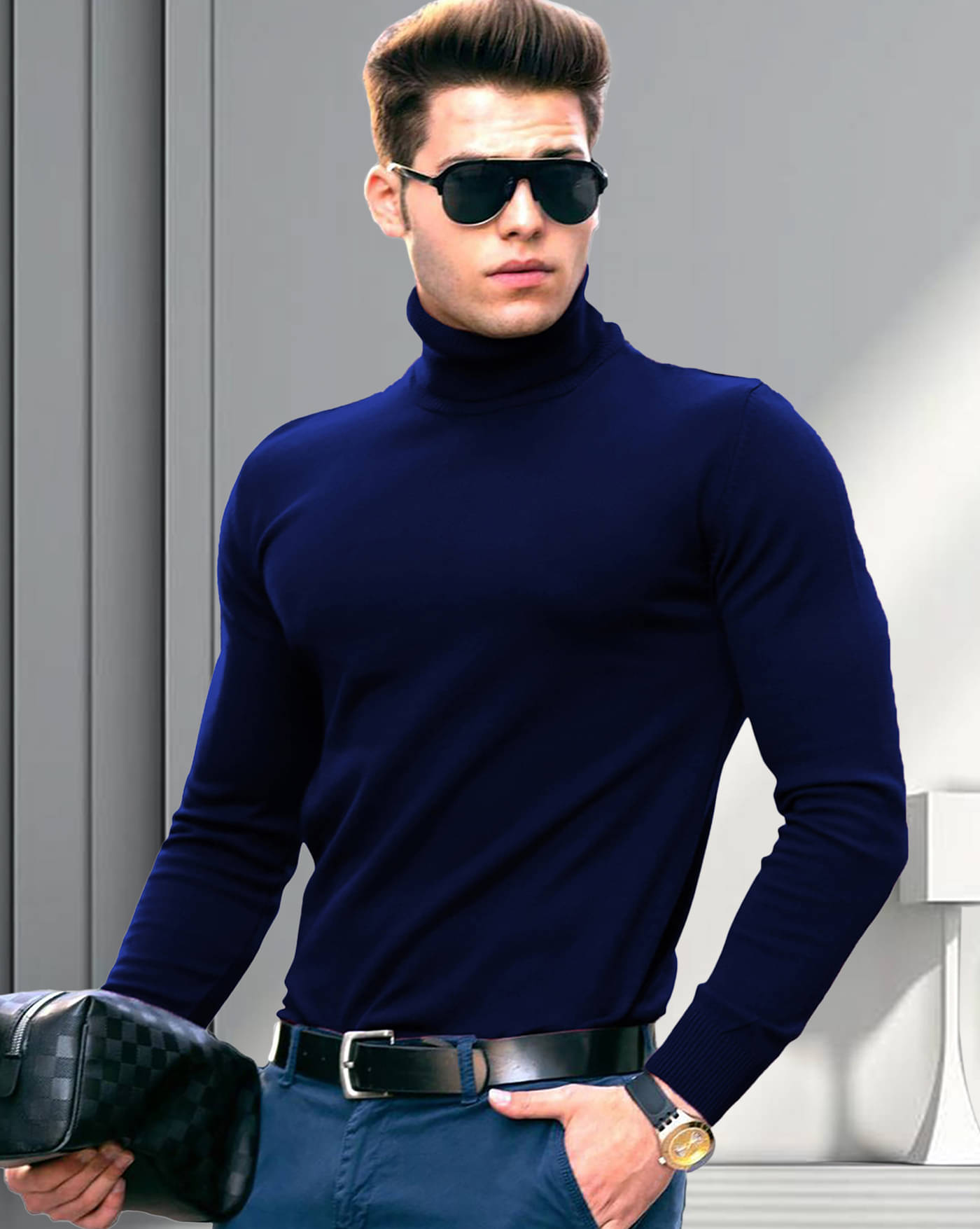     			AOOSH Cotton Blend Regular Fit Solid Full Sleeves Men's High Neck T-Shirt - Navy ( Pack of 1 )