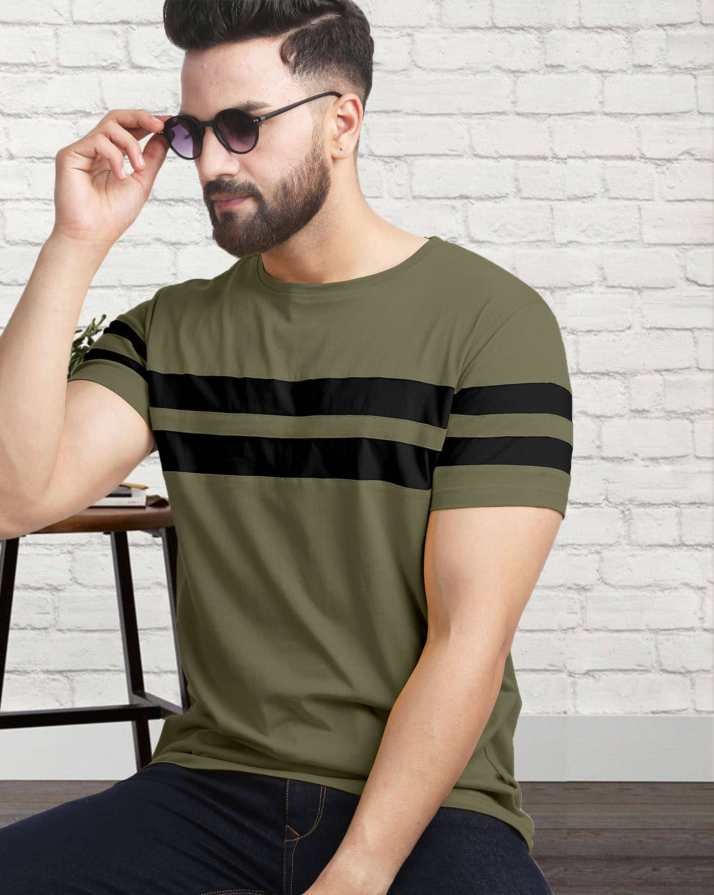 AOOSH Cotton Blend Regular Fit Colorblock Half Sleeves Men's Round T-Shirt - Olive ( Pack of 1 )