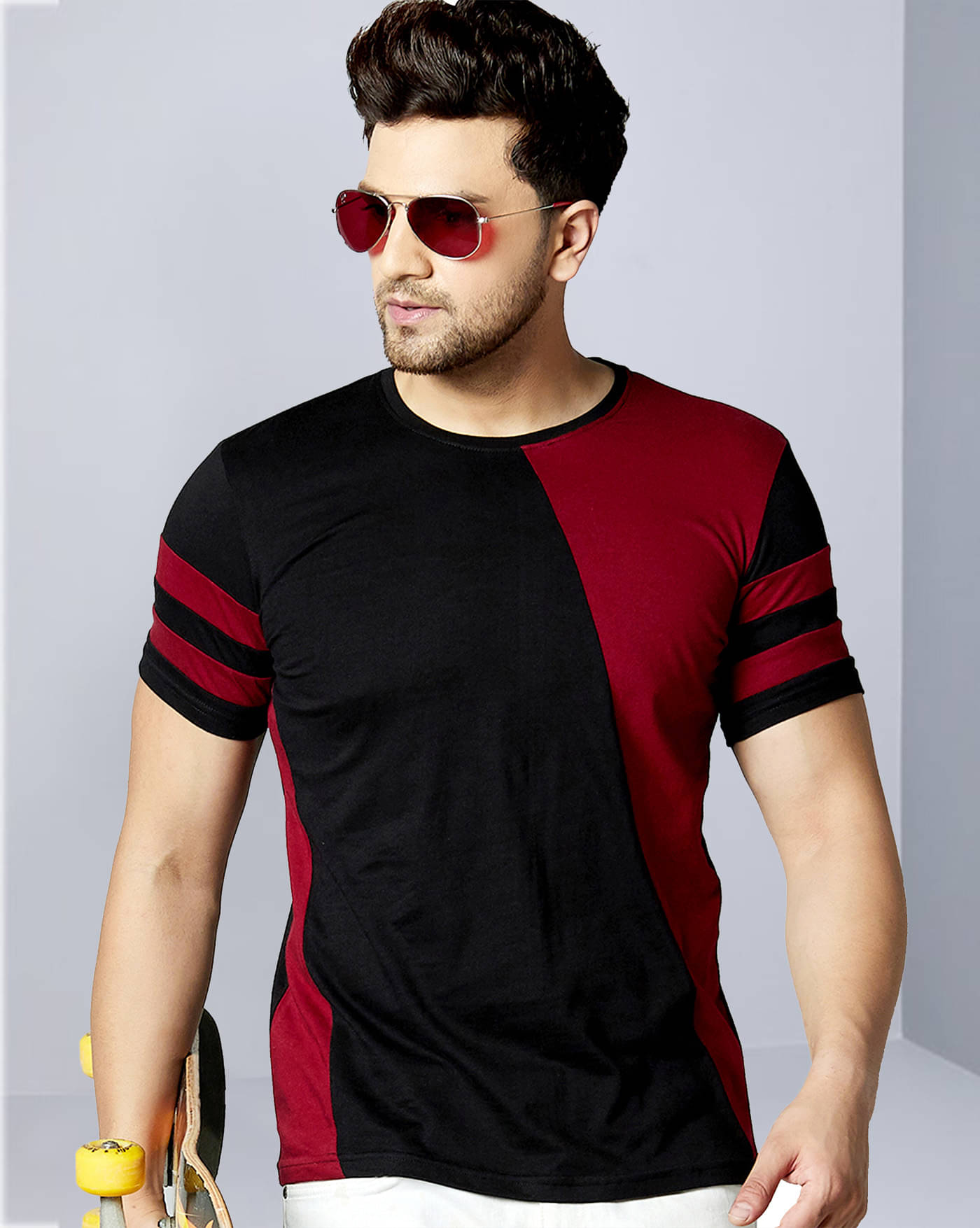     			AOOSH Cotton Blend Regular Fit Colorblock Half Sleeves Men's Round T-Shirt - Maroon ( Pack of 1 )