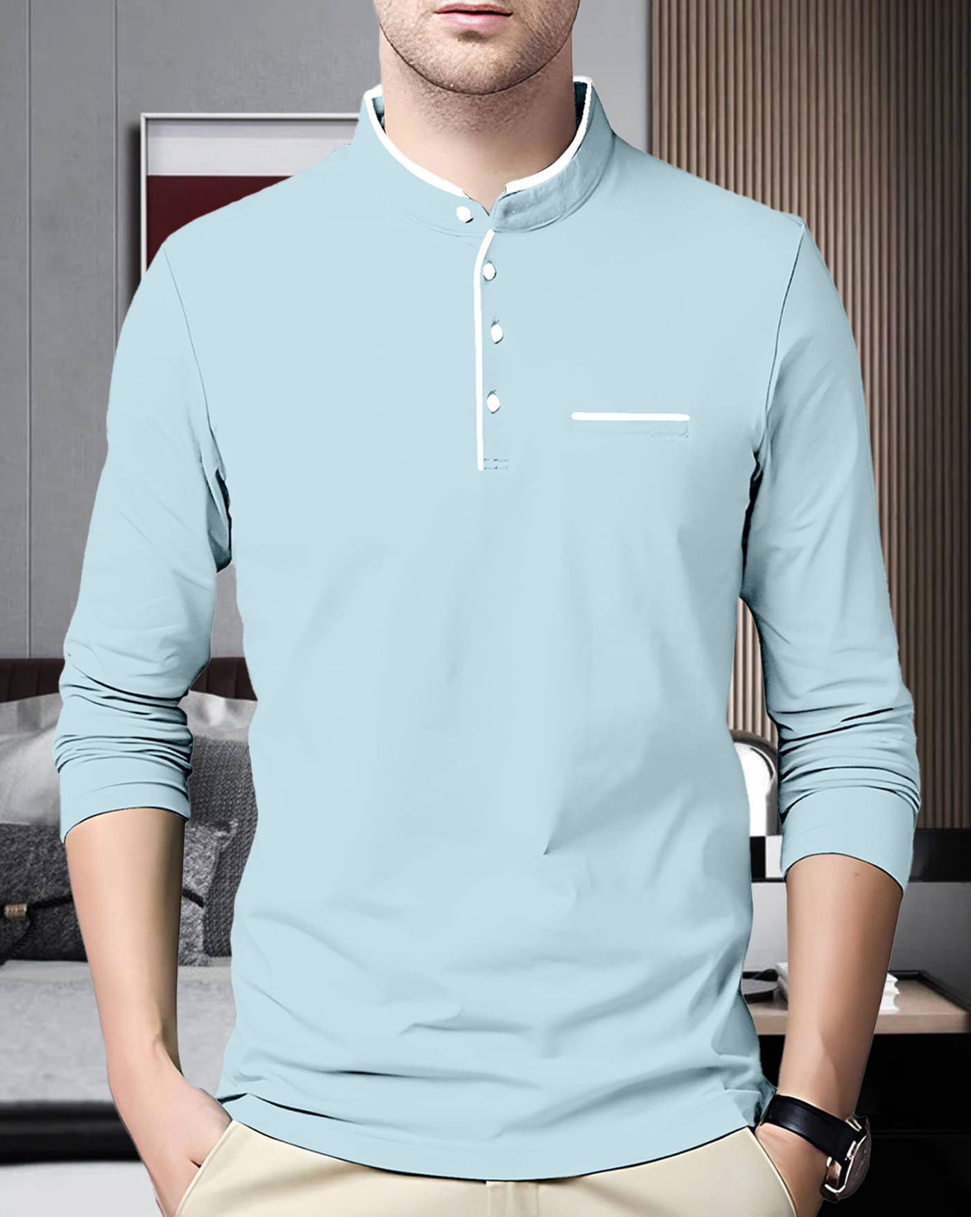     			AOOSH Cotton Blend Regular Fit Solid Full Sleeves Men's Mandarin Collar T-Shirt - Light Blue ( Pack of 1 )
