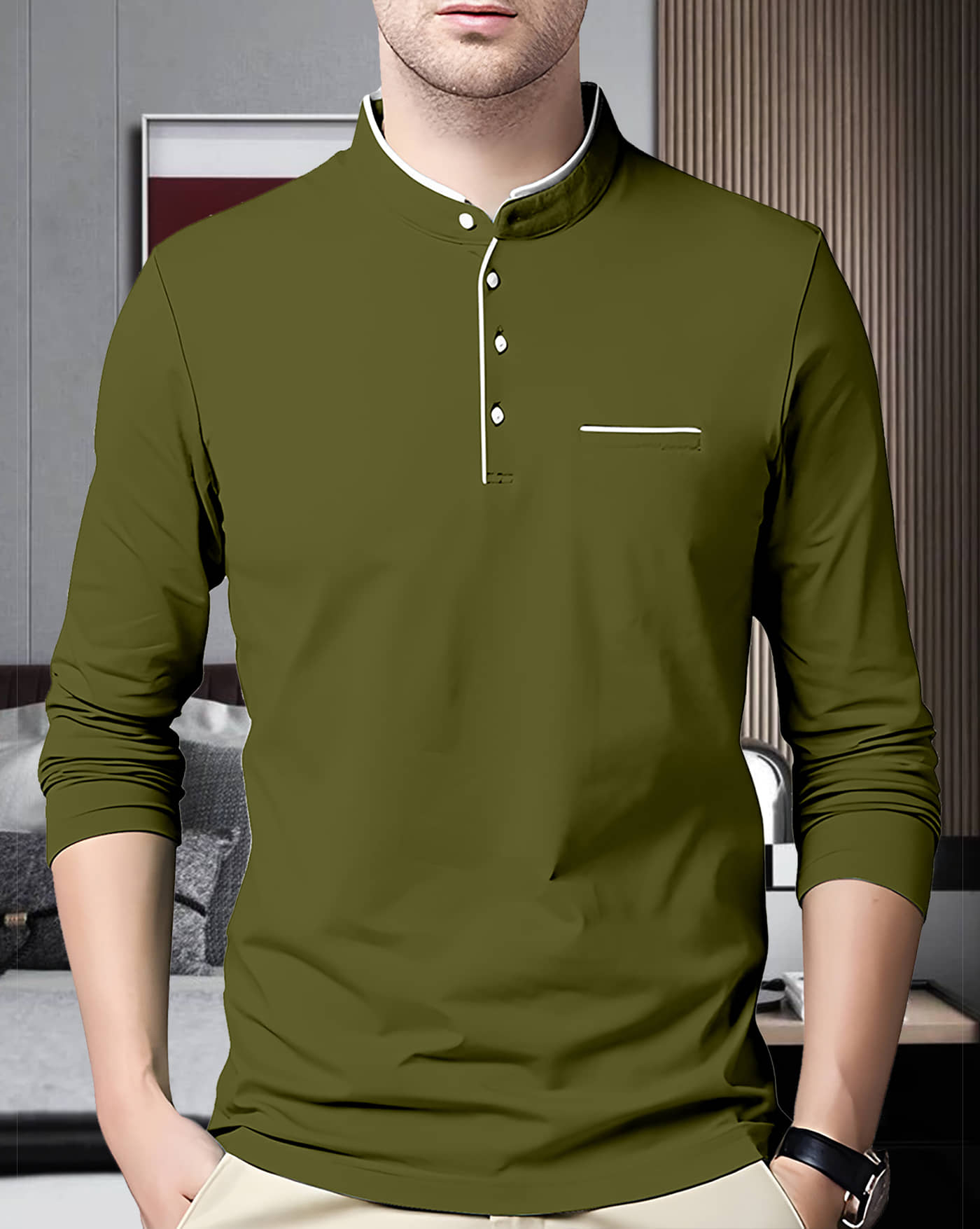 AOOSH Cotton Blend Regular Fit Solid Full Sleeves Men's Mandarin Collar T-Shirt - Peach ( Pack of 1 )