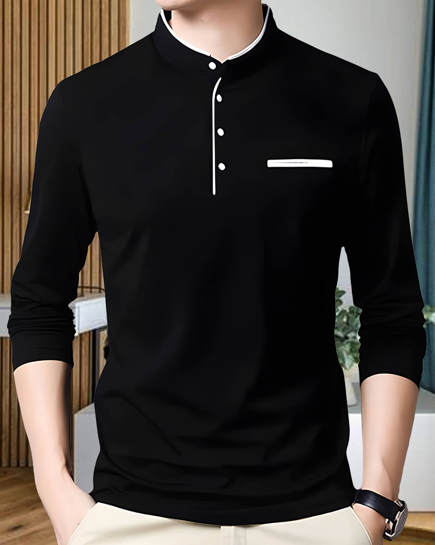     			AOOSH Cotton Blend Regular Fit Solid Full Sleeves Men's Mandarin Collar T-Shirt - Black ( Pack of 1 )
