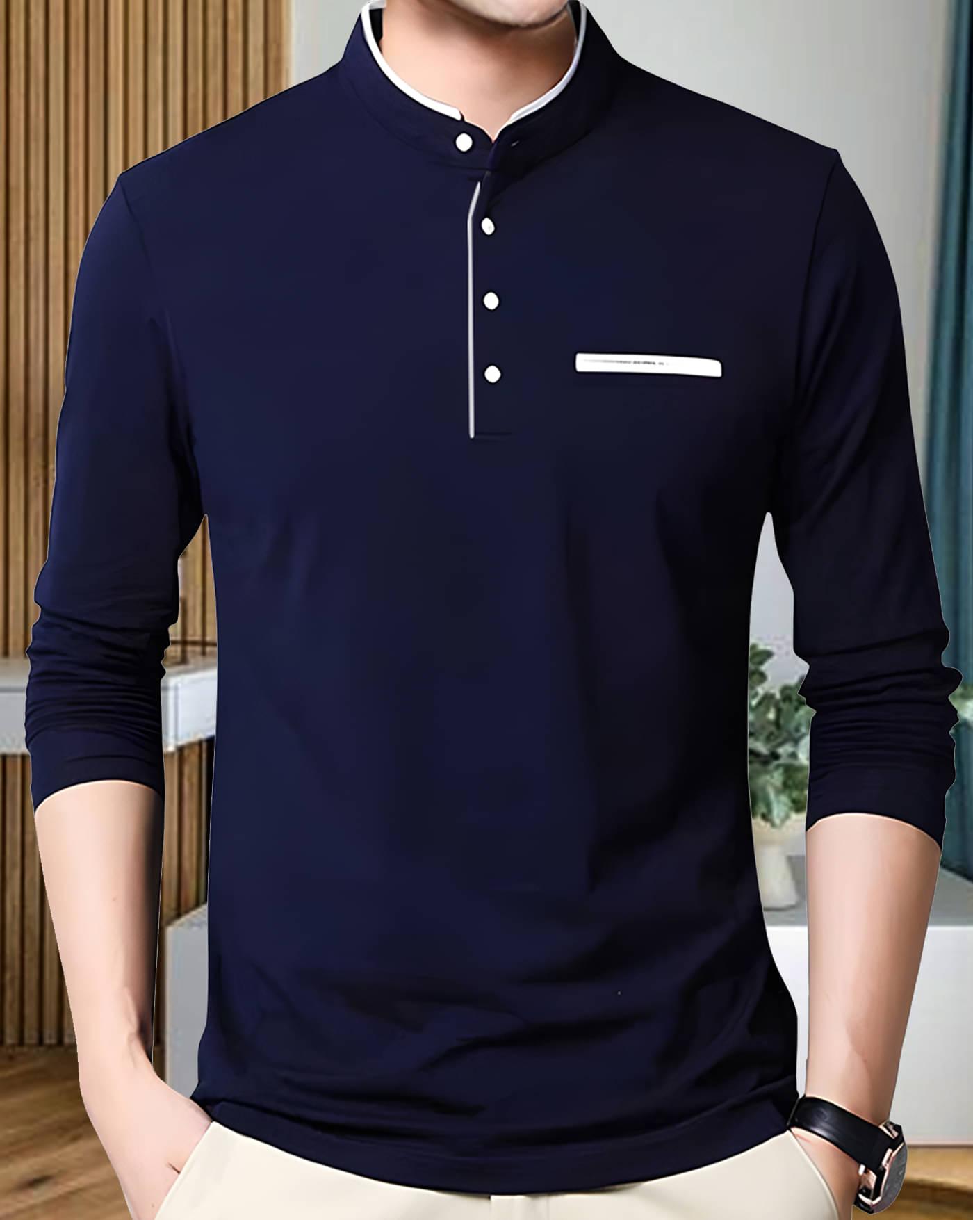 AOOSH Cotton Blend Regular Fit Solid Full Sleeves Men's Mandarin Collar T-Shirt - Navy ( Pack of 1 ) AOOSH Cotton Blend Regular Fit Solid Full Sleeves Men's Mandarin Collar T-Shirt - Navy ( Pack of 1 )
