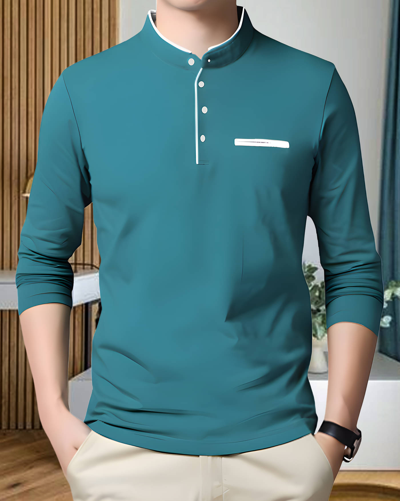     			AOOSH Cotton Blend Regular Fit Solid Full Sleeves Men's Mandarin Collar T-Shirt - Teal Blue ( Pack of 1 )
