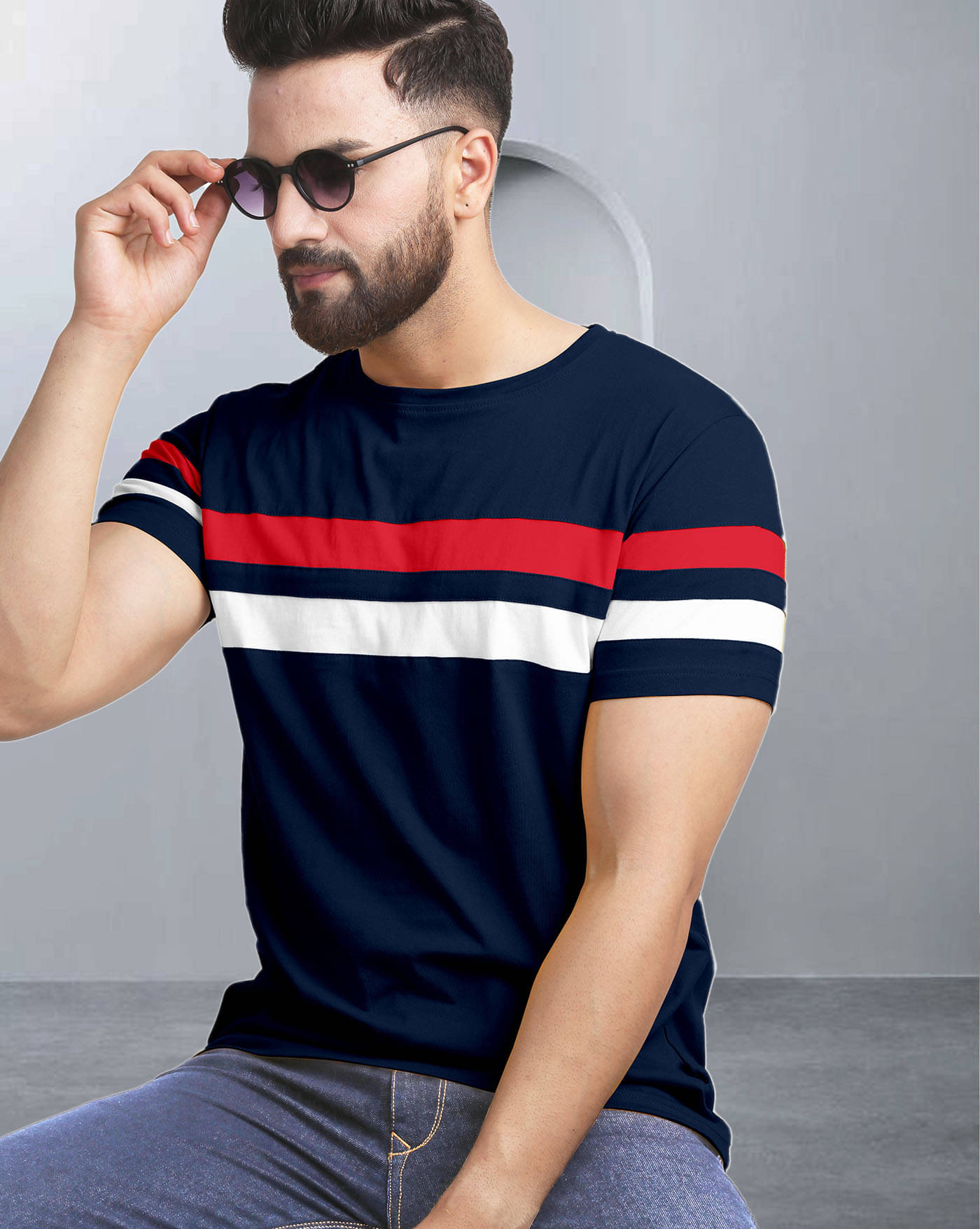     			AOOSH Cotton Blend Regular Fit Colorblock Half Sleeves Men's Round T-Shirt - Navy Blue ( Pack of 1 )