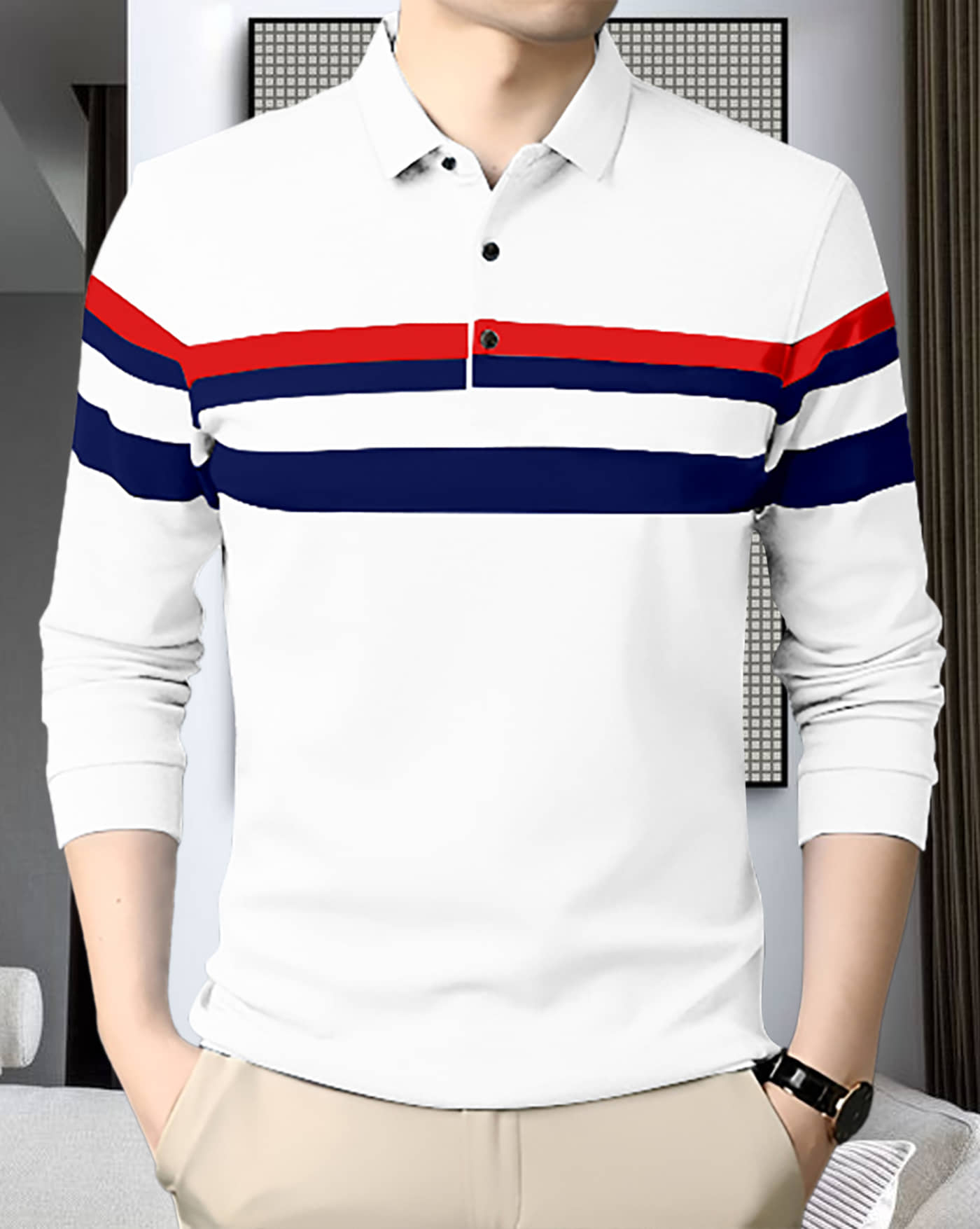 AOOSH Pack of 1 Cotton Blend Regular Fit Striped Full Sleeves Men's Polo T Shirt ( Black )