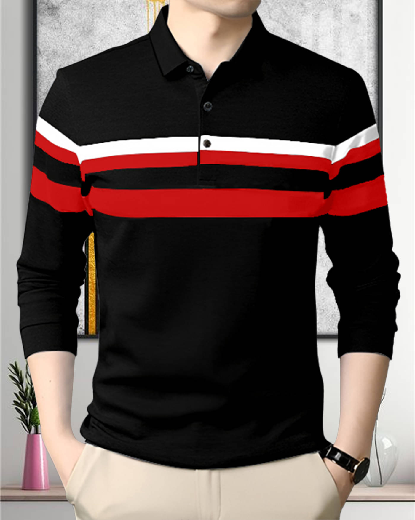     			AOOSH Pack of 1 Cotton Blend Regular Fit Striped Full Sleeves Men's Polo T Shirt ( Black )