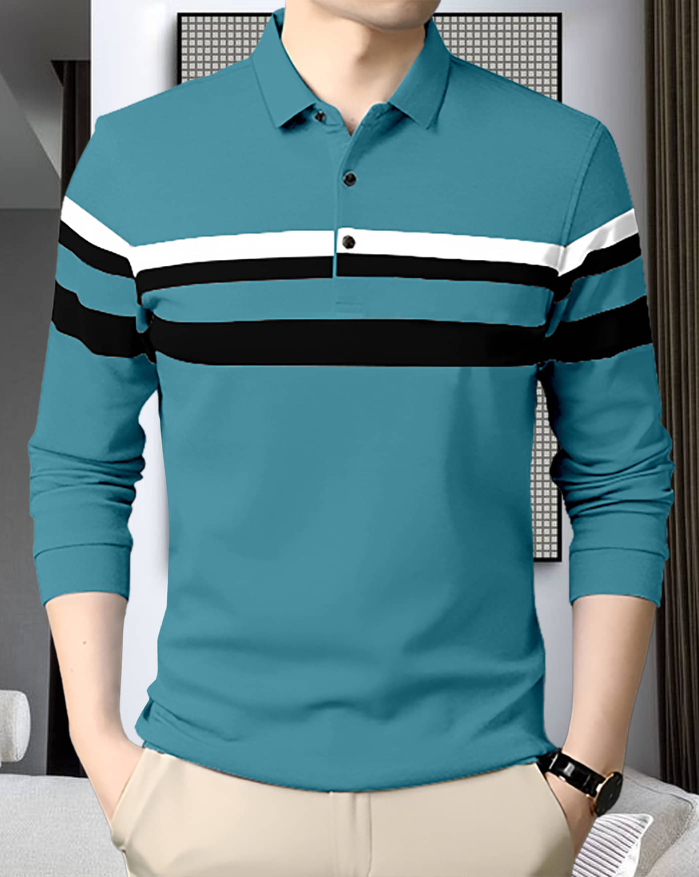     			AOOSH Pack of 1 Cotton Blend Regular Fit Striped Full Sleeves Men's Polo T Shirt ( Teal Blue )