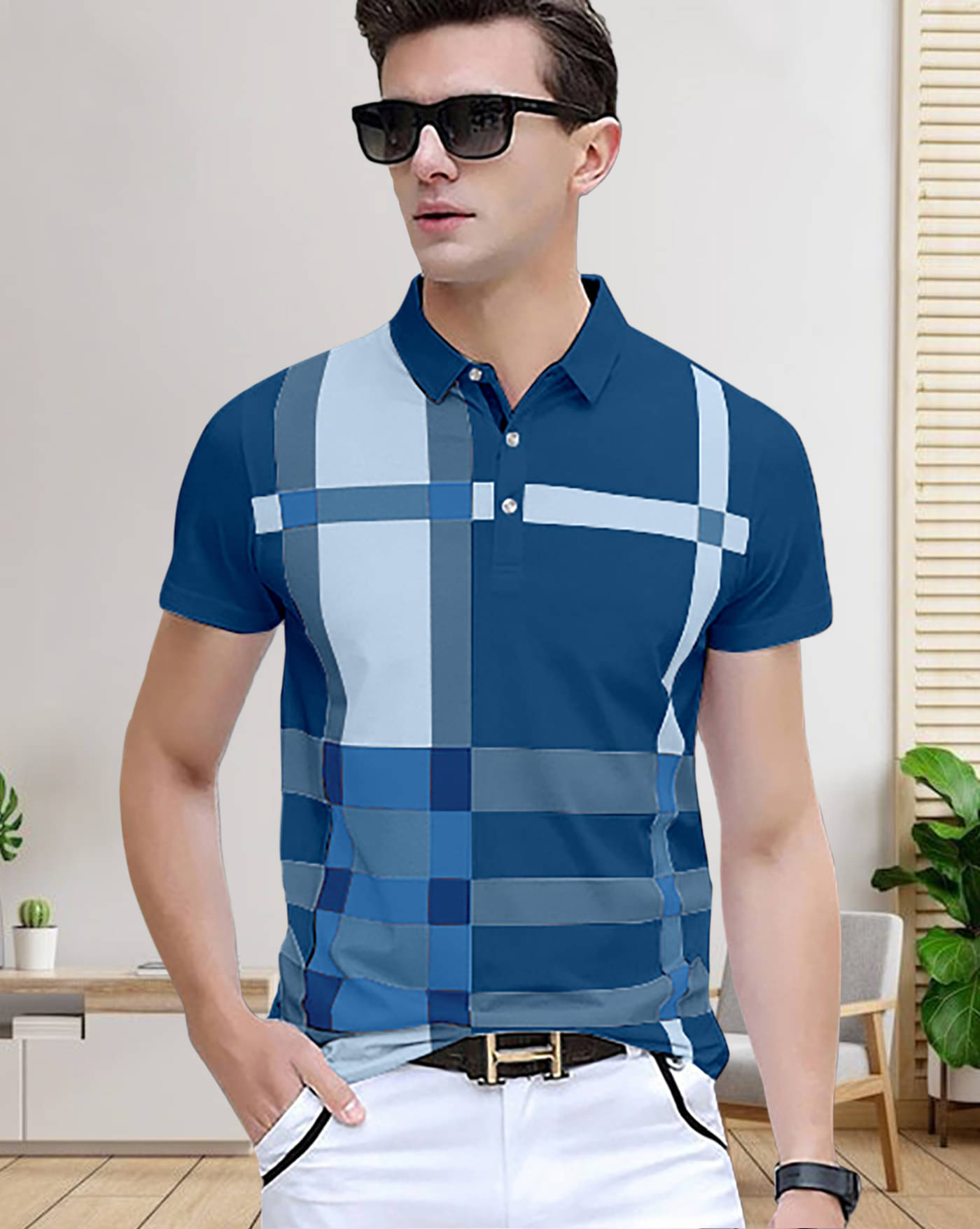     			AOOSH Pack of 1 Cotton Blend Regular Fit Printed Half Sleeves Men's Polo T Shirt ( Teal Blue )