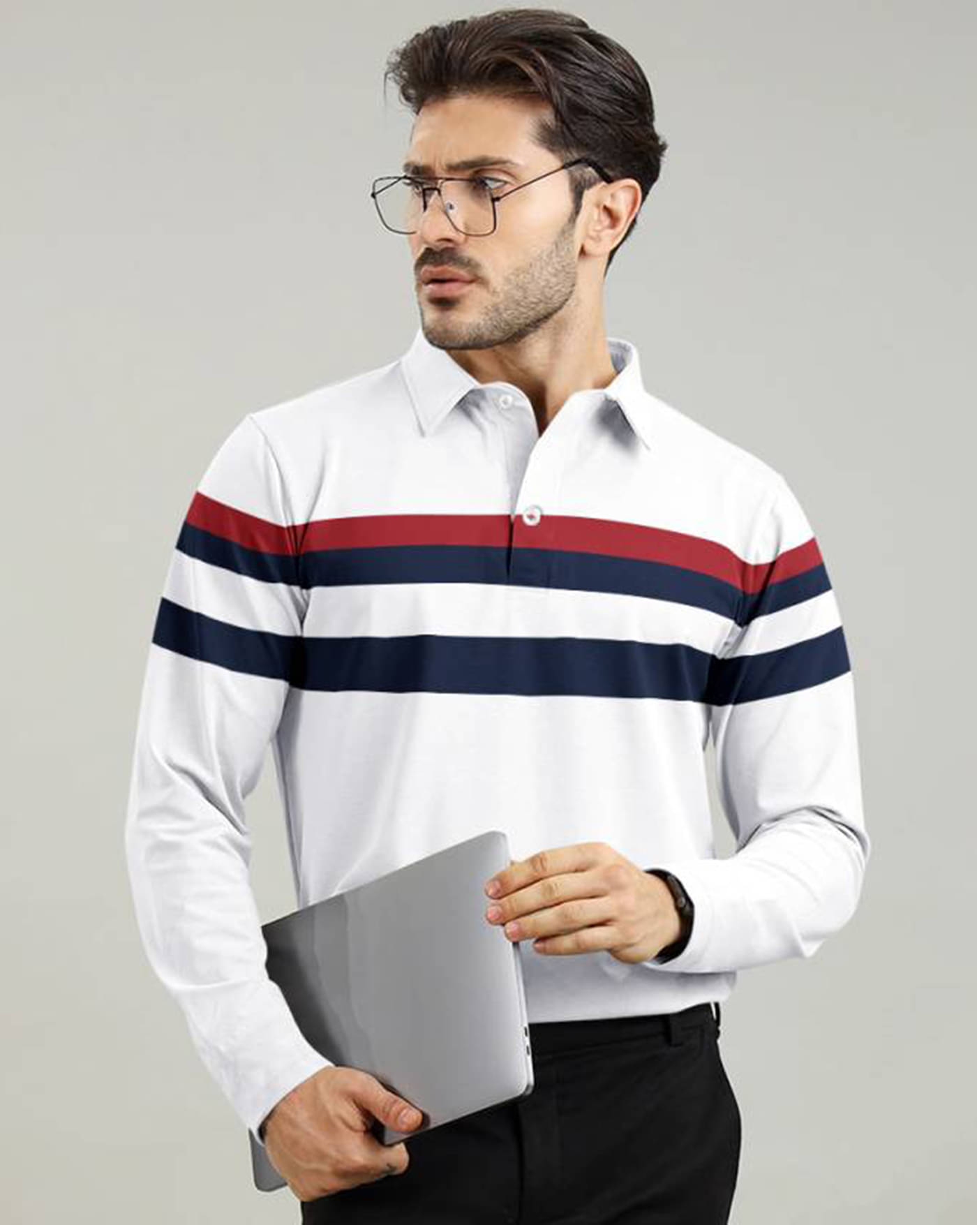     			AOOSH Pack of 1 Cotton Blend Regular Fit Colorblock Full Sleeves Men's Polo T Shirt ( White )