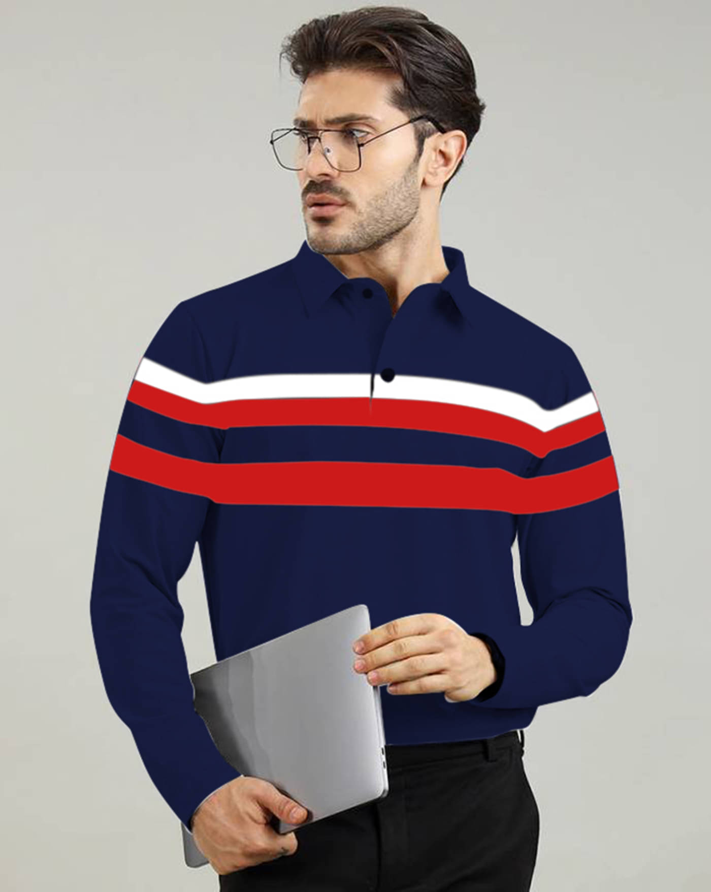     			AOOSH Pack of 1 Cotton Blend Regular Fit Colorblock Full Sleeves Men's Polo T Shirt ( Navy )