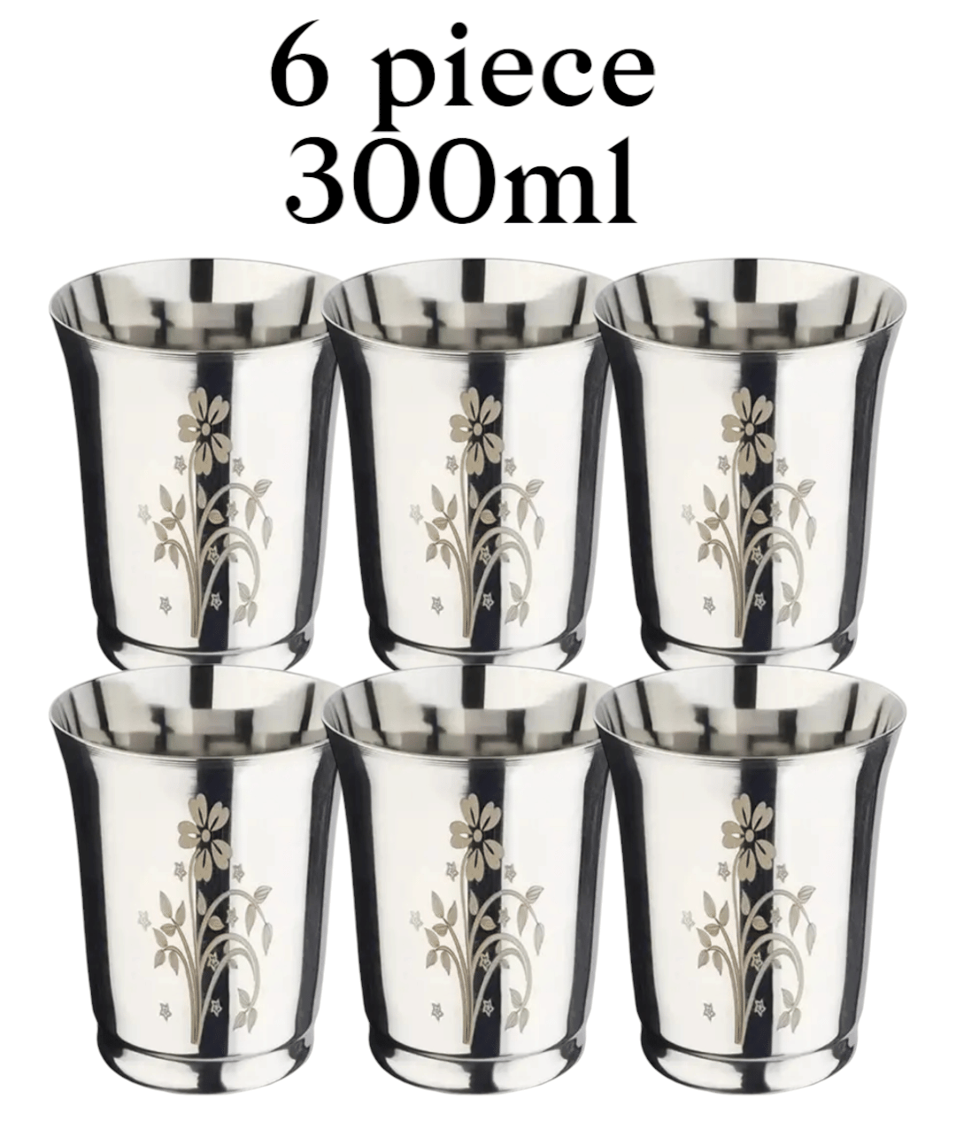 BLUENIN Water Glasses Pari Steel Laser Printed Water Glass 300 ml ( Pack of 6 ) Silver