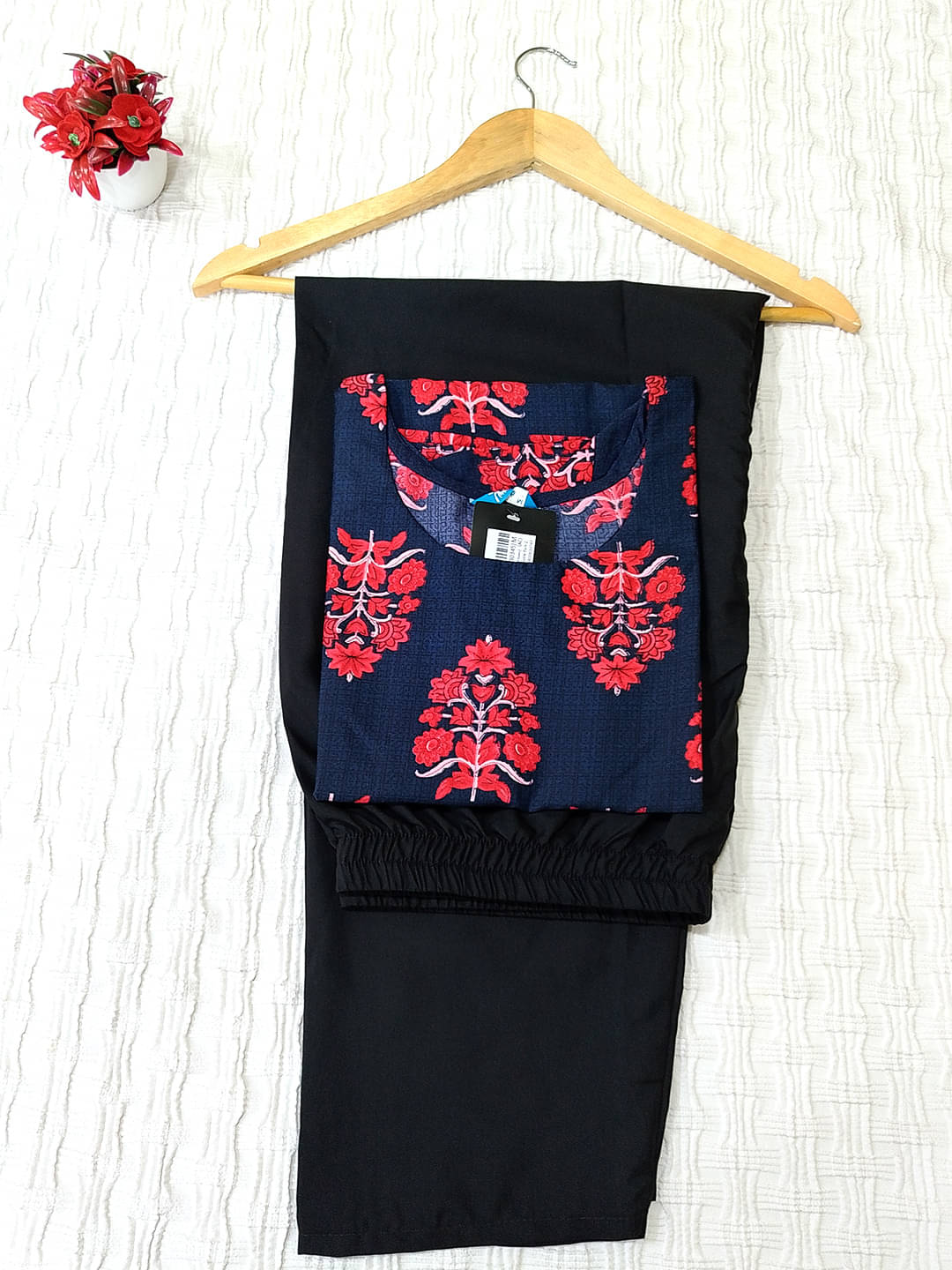     			Ethnicbasket Crepe Printed Kurti With Pants Women's Stitched Salwar Suit - Navy Blue ( Pack of 1 )