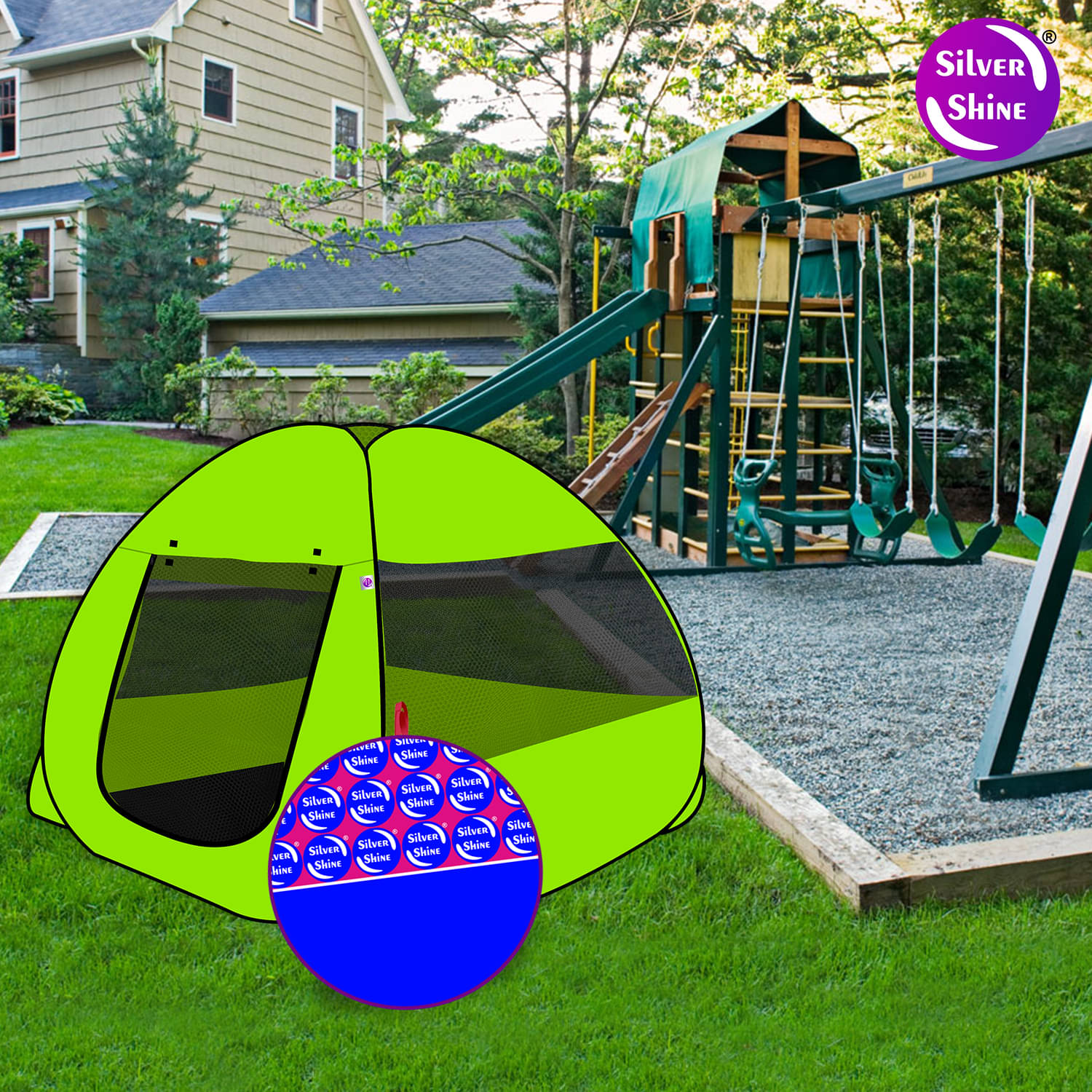    			Foldable Green Patterns Popup Kids Play Tent House