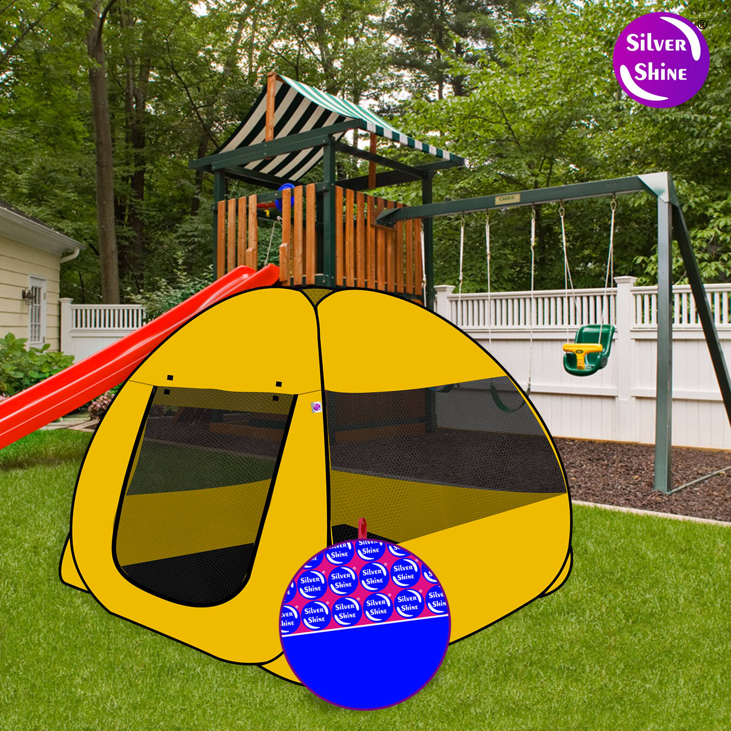     			Foldable Yellow Patterns Popup Kids Play Tent House