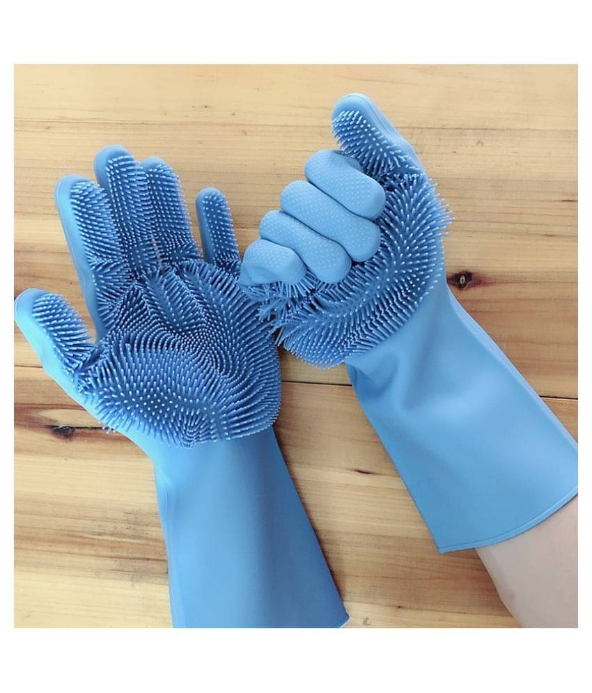     			Magnique 2 pcs Magic Silicone Dish Washing Cleaning Gloves, Pet Grooming, Car, Bathroom (Multicolour)