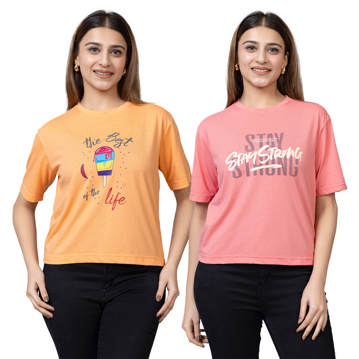 PROBASIC Women Cotton Blend Printed Slim Fit Round Neck T-Shirt ( Multicolor 1 ) PROBASIC Women Cotton Blend Printed Slim Fit Round Neck T-Shirt ( Multicolor 1 )