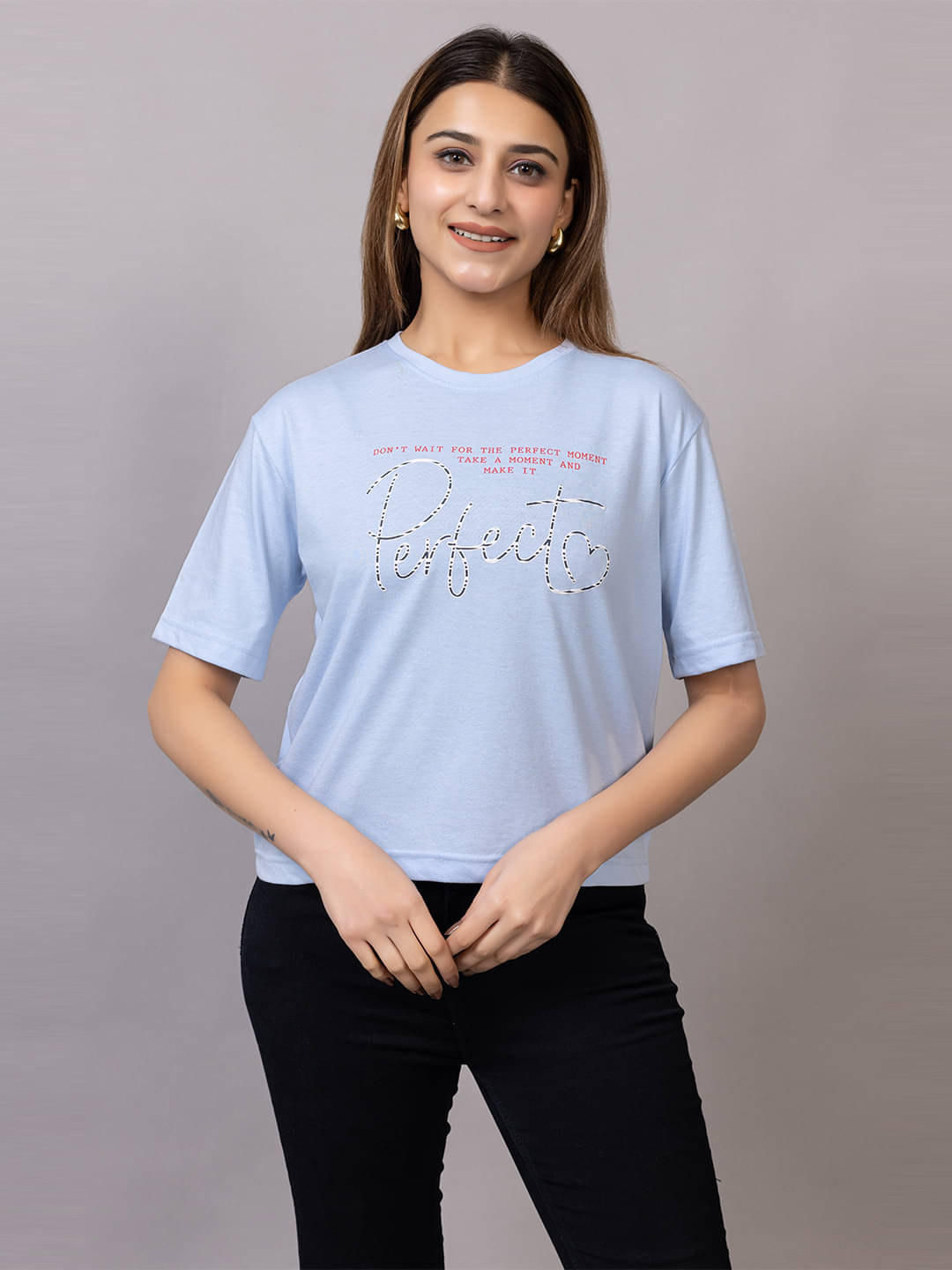 PROBASIC Women Cotton Blend Printed Slim Fit Round Neck T-Shirt ( Light Blue ) PROBASIC Women Cotton Blend Printed Slim Fit Round Neck T-Shirt ( Light Blue )