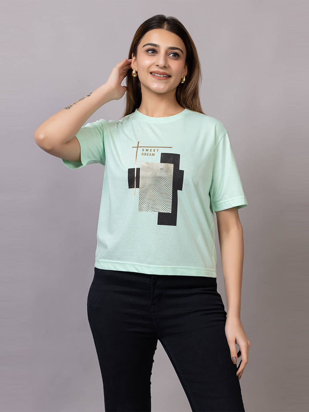     			PROBASIC Women Cotton Blend Printed Slim Fit Round Neck T-Shirt ( Mint Green )
