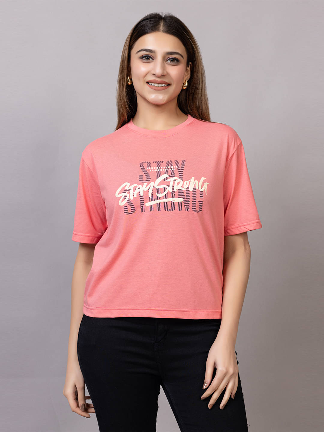 PROBASIC Women Cotton Blend Printed Slim Fit Round Neck T-Shirt ( Pink ) PROBASIC Women Cotton Blend Printed Slim Fit Round Neck T-Shirt ( Pink )