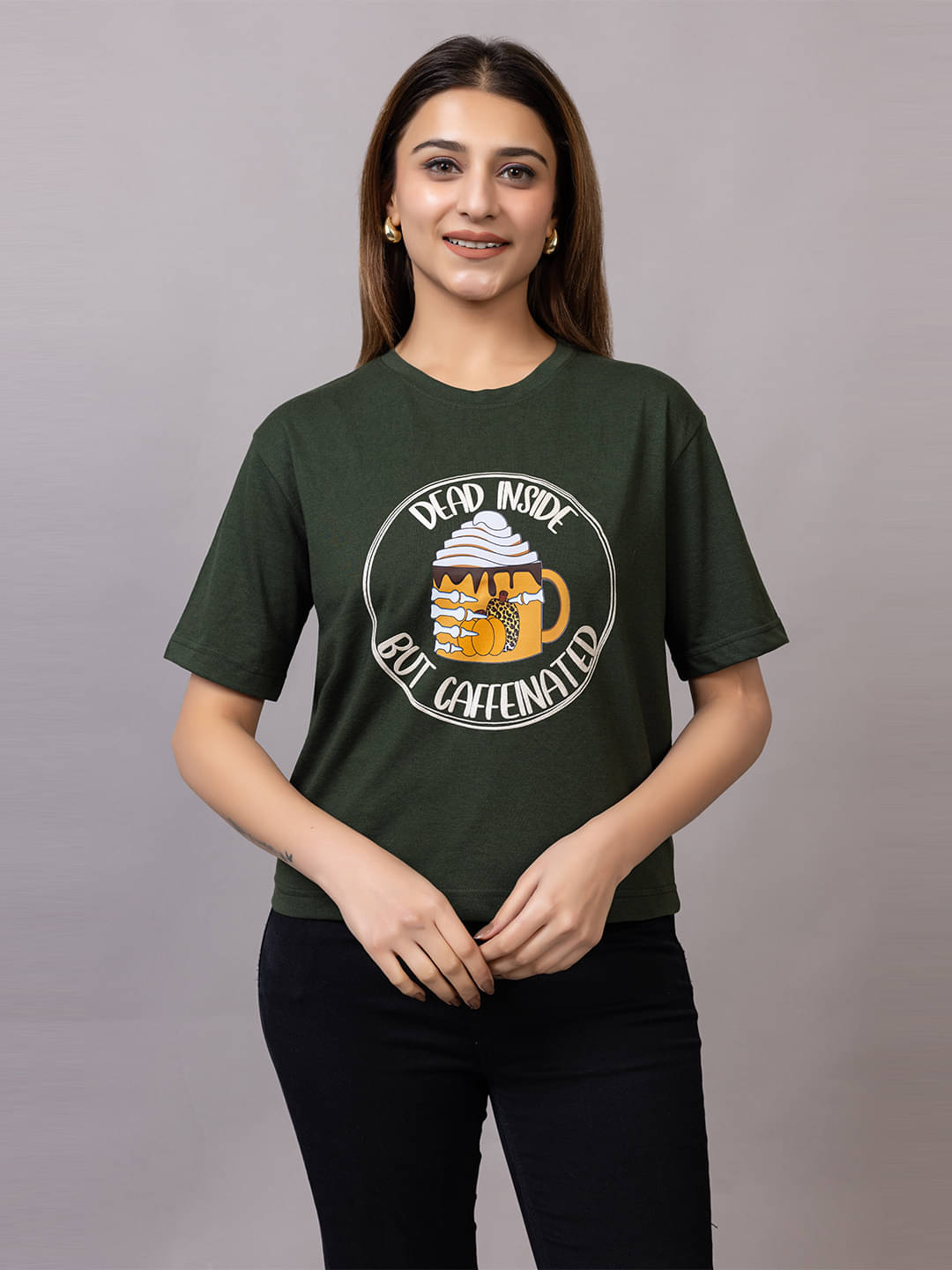 PROBASIC Women Cotton Blend Printed Slim Fit Round Neck T-Shirt ( Bottle Green ) PROBASIC Women Cotton Blend Printed Slim Fit Round Neck T-Shirt ( Bottle Green )