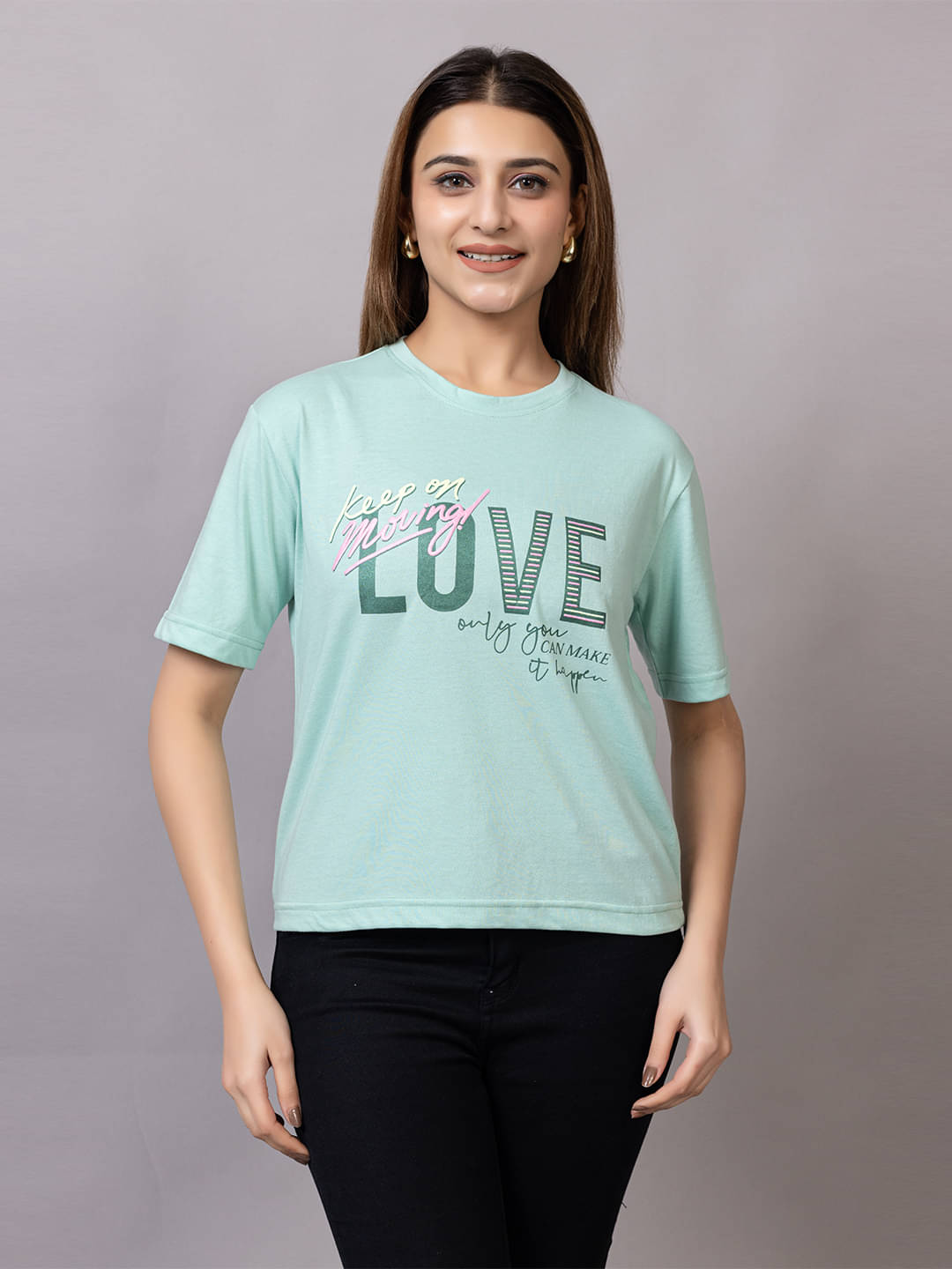 PROBASIC Women Cotton Blend Printed Slim Fit Round Neck T-Shirt ( Sea Green ) PROBASIC Women Cotton Blend Printed Slim Fit Round Neck T-Shirt ( Sea Green )
