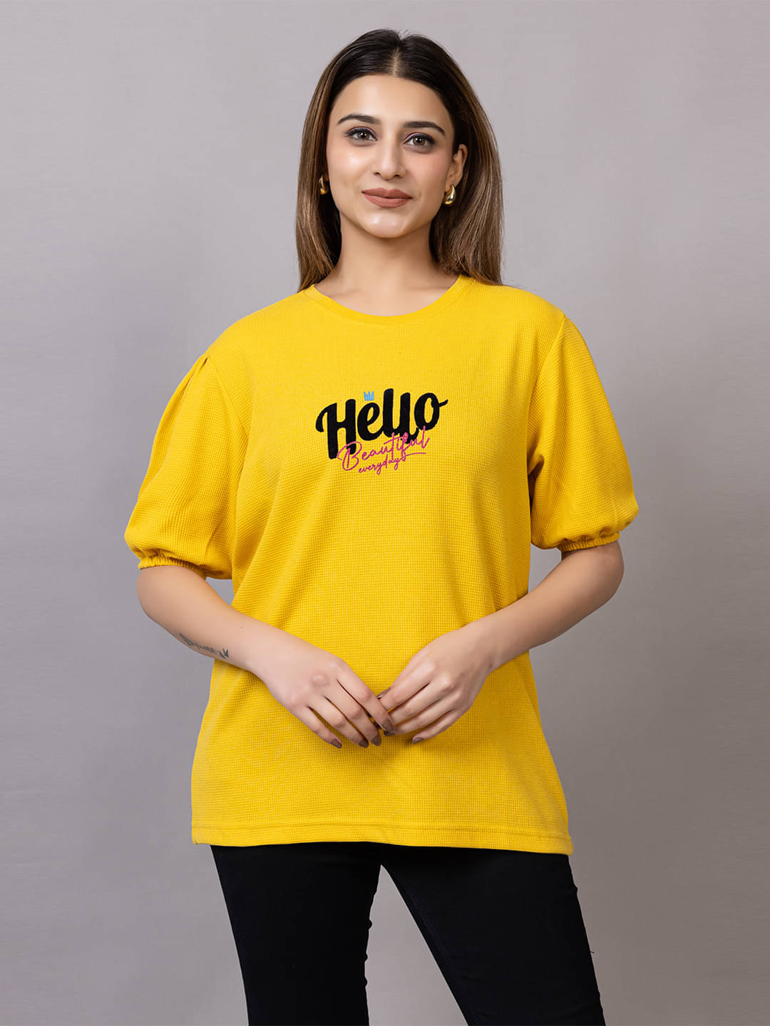 PROBASIC Women Cotton Blend Printed Slim Fit Round Neck T-Shirt ( Yellow ) PROBASIC Women Cotton Blend Printed Slim Fit Round Neck T-Shirt ( Yellow )