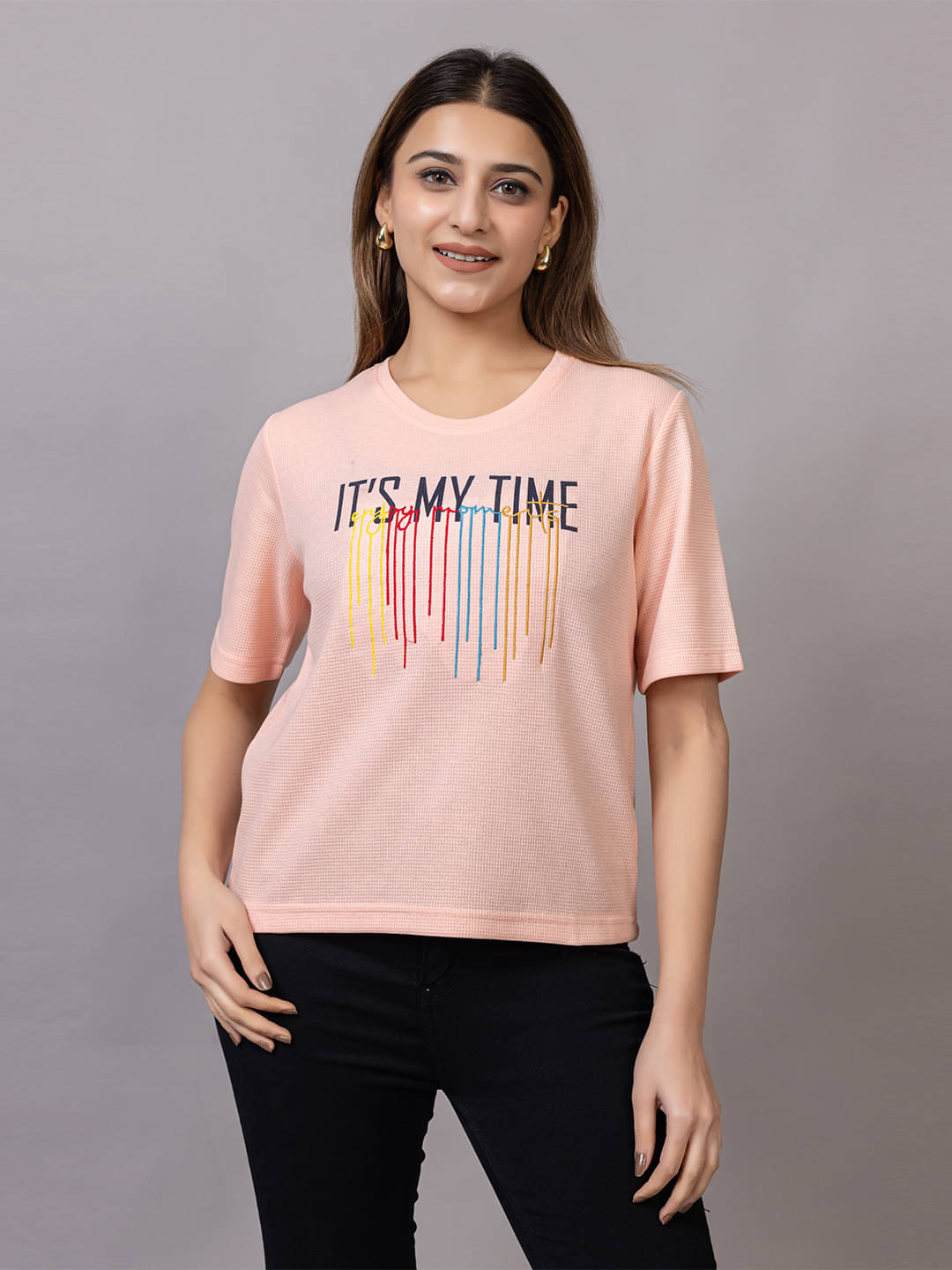 PROBASIC Women Cotton Blend Printed Slim Fit Round Neck T-Shirt ( Peach )     			PROBASIC Women Cotton Blend Printed Slim Fit Round Neck T-Shirt ( Peach )