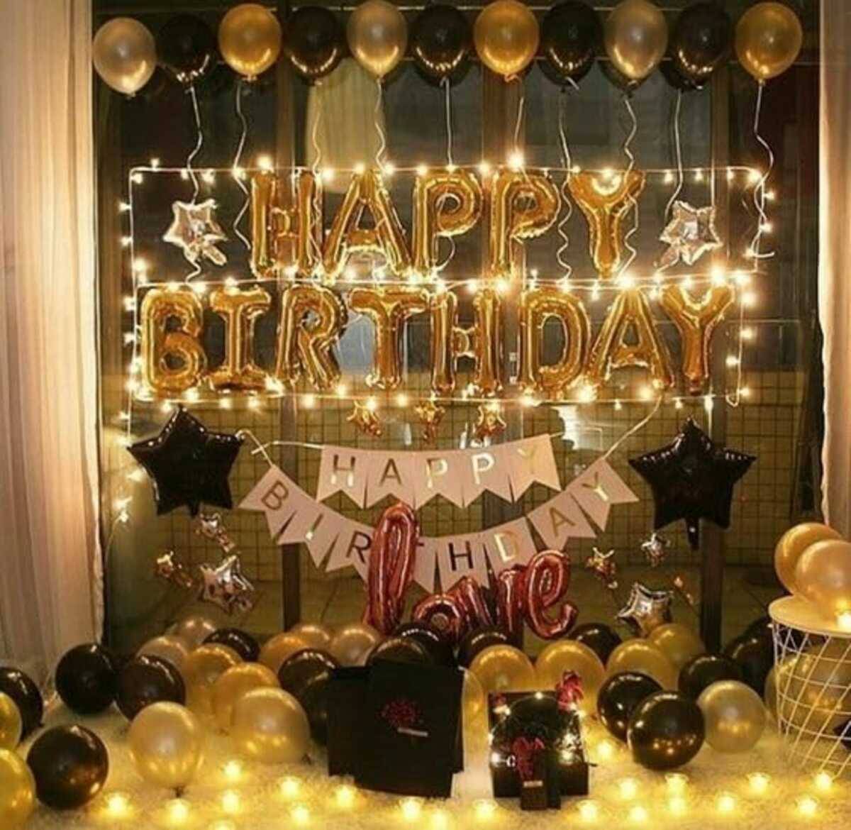     			PartyBooms Happy BIrthday Gold Decoration, 1 HBD White Decoration, 2 Black Stars Foil, 2 Silver Star Foil, 1 love Rosegold, 20 Black & 20 Gold Metallic Balloons Pack of 47