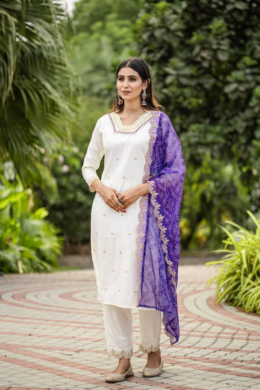 Sitanjali Lifestyle Silk Blend Embroidered Kurti With Pants Women's Stitched Salwar Suit - Cream ( Pack of 1 ) Sitanjali Lifestyle Silk Blend Embroidered Kurti With Pants Women's Stitched Salwar Suit - Cream ( Pack of 1 )
