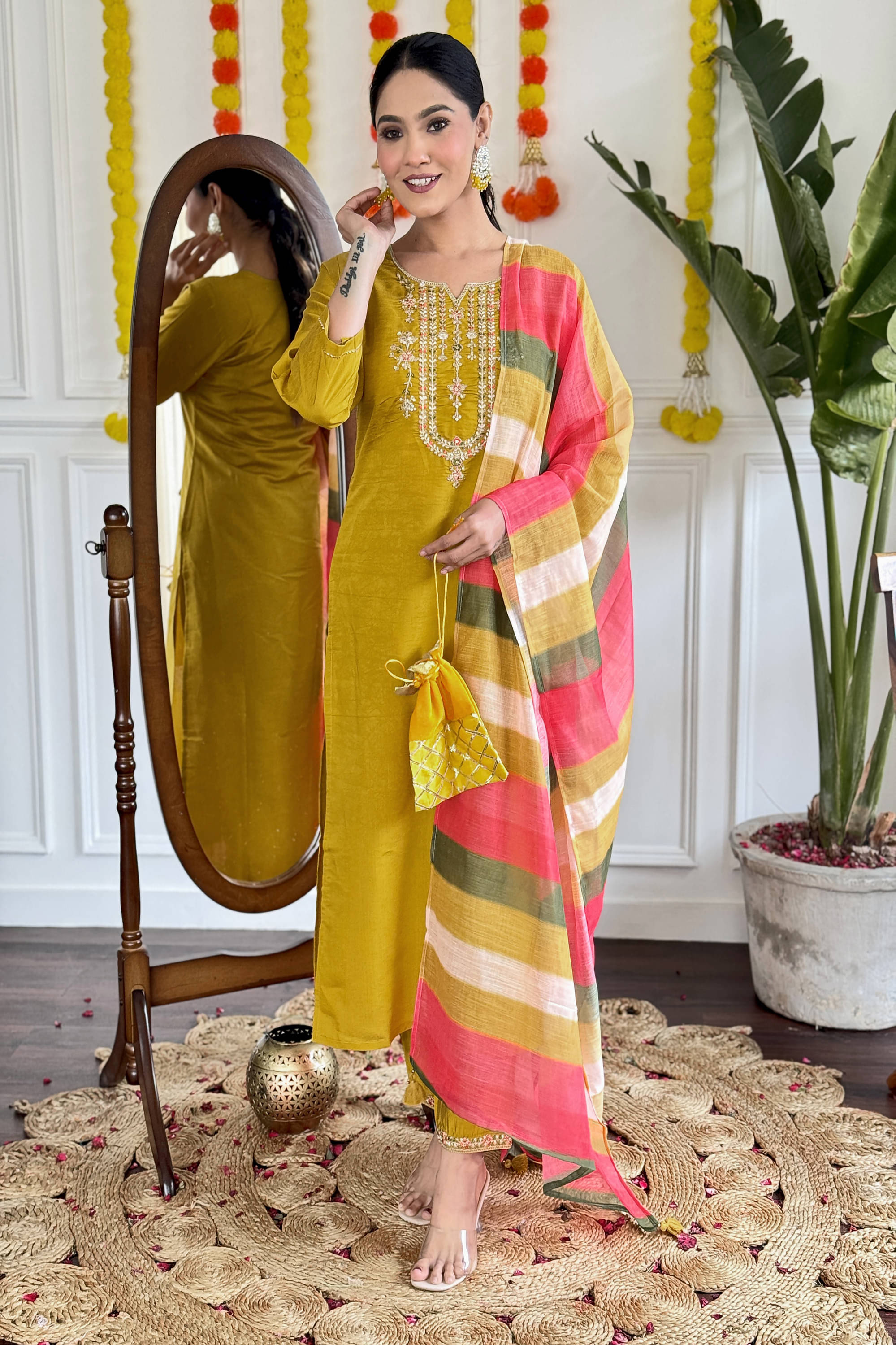 VERTUSY Viscose Embroidered Kurti With Pants Women's Stitched Salwar Suit - Yellow ( Pack of 1 ) VERTUSY Viscose Embroidered Kurti With Pants Women's Stitched Salwar Suit - Yellow ( Pack of 1 )