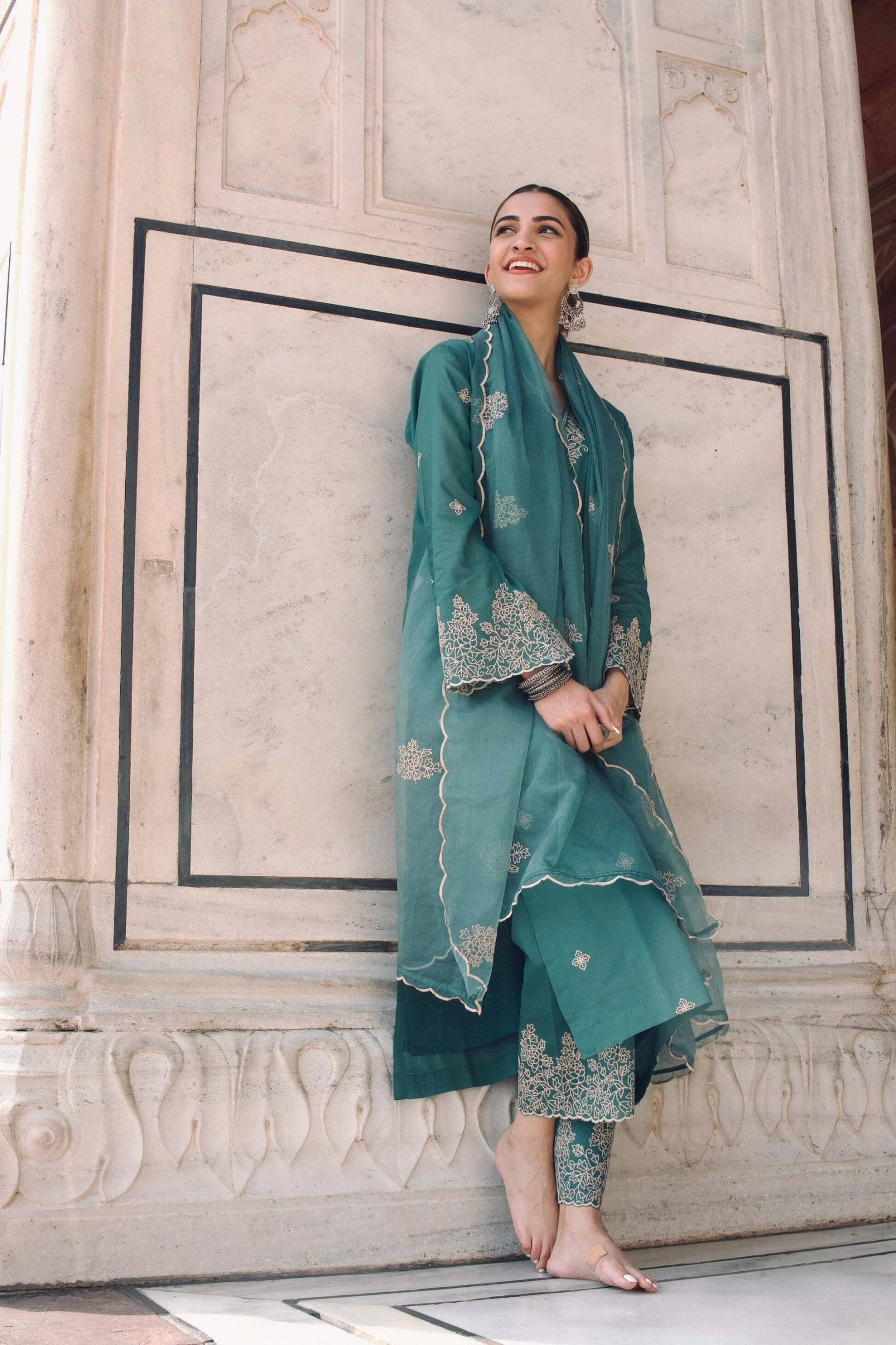     			piludi Chanderi Embroidered Kurti With Pants Women's Stitched Salwar Suit - Sea Green ( Pack of 1 )