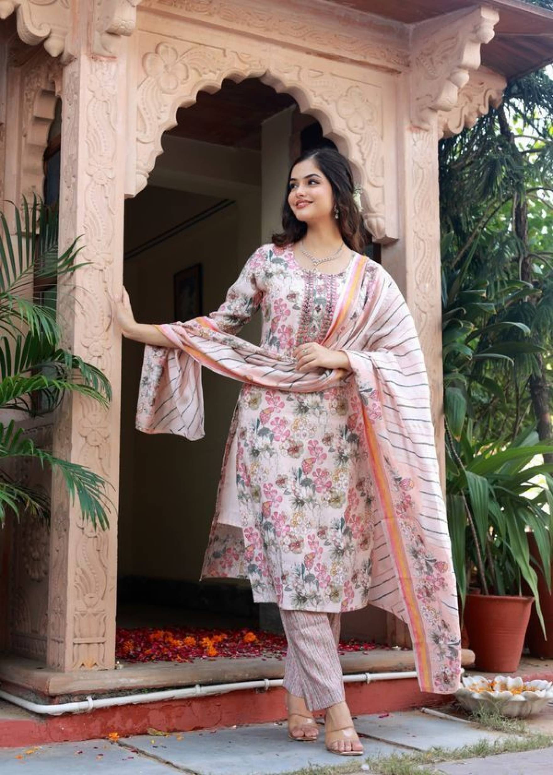     			piludi Viscose Printed Kurti With Pants Women's Stitched Salwar Suit - Peach ( Pack of 1 )