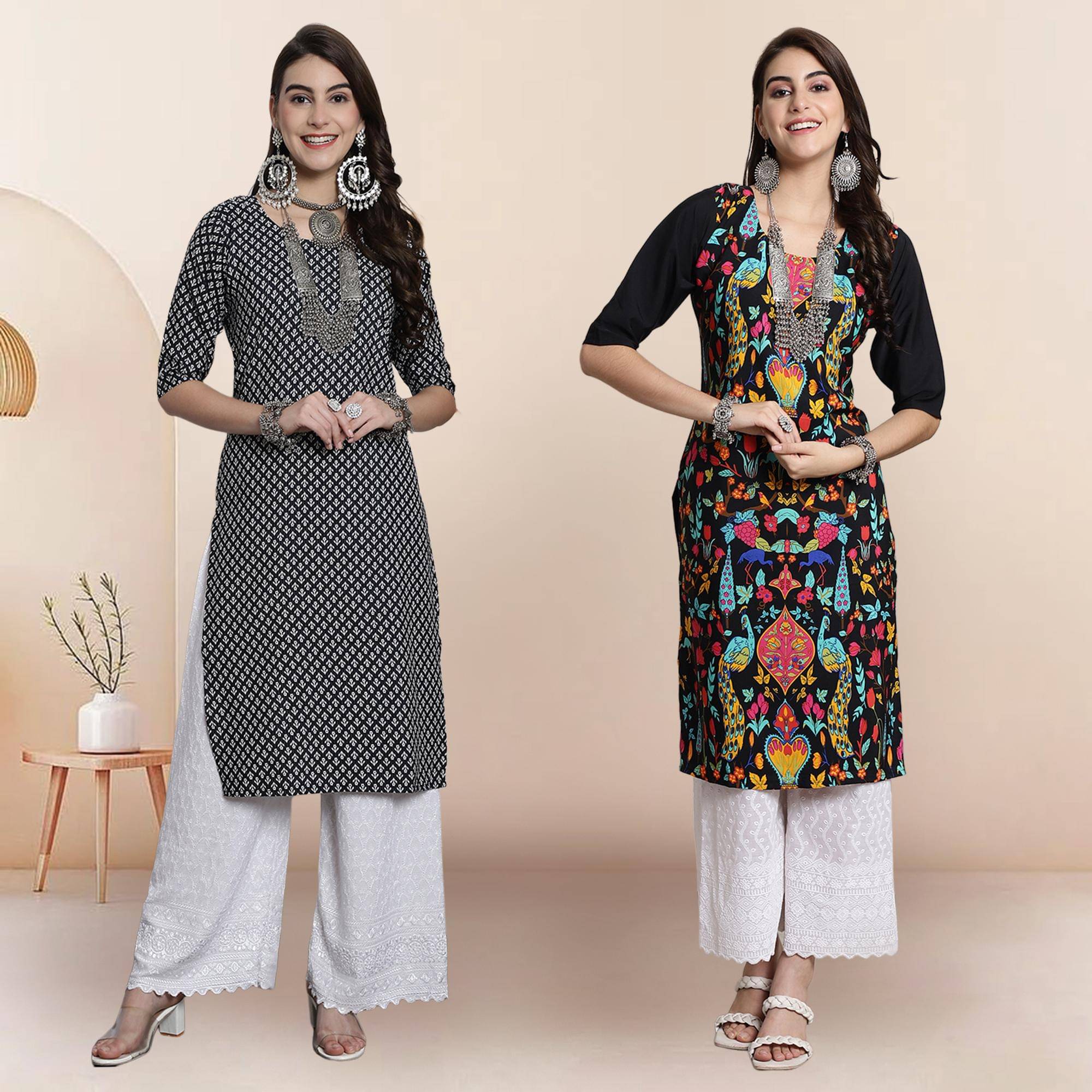 1 Stop Fashion Pack of 2 Crepe Printed Straight Women's Kurti - ( Multicoloured ) 1 Stop Fashion Pack of 2 Crepe Printed Straight Women's Kurti - ( Multicoloured )
