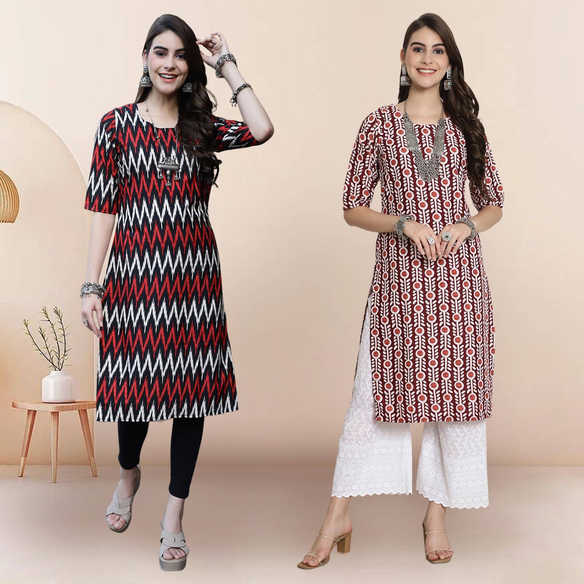     			1 Stop Fashion Pack of 2 Crepe Printed Straight Women's Kurti - ( Multicolor2 )