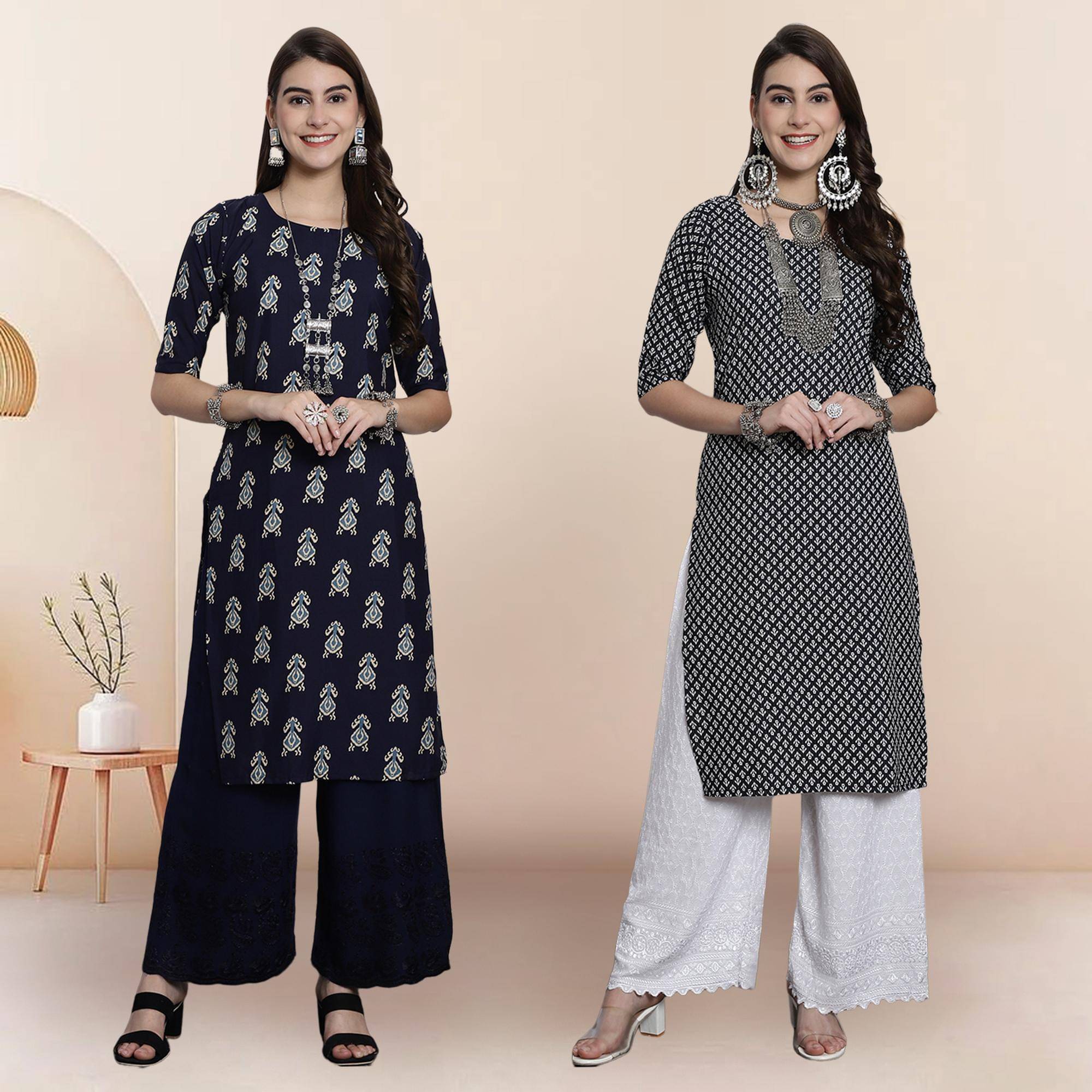 1 Stop Fashion Pack of 2 Crepe Printed Straight Women's Kurti - ( Multicolor4 ) 1 Stop Fashion Pack of 2 Crepe Printed Straight Women's Kurti - ( Multicolor4 )