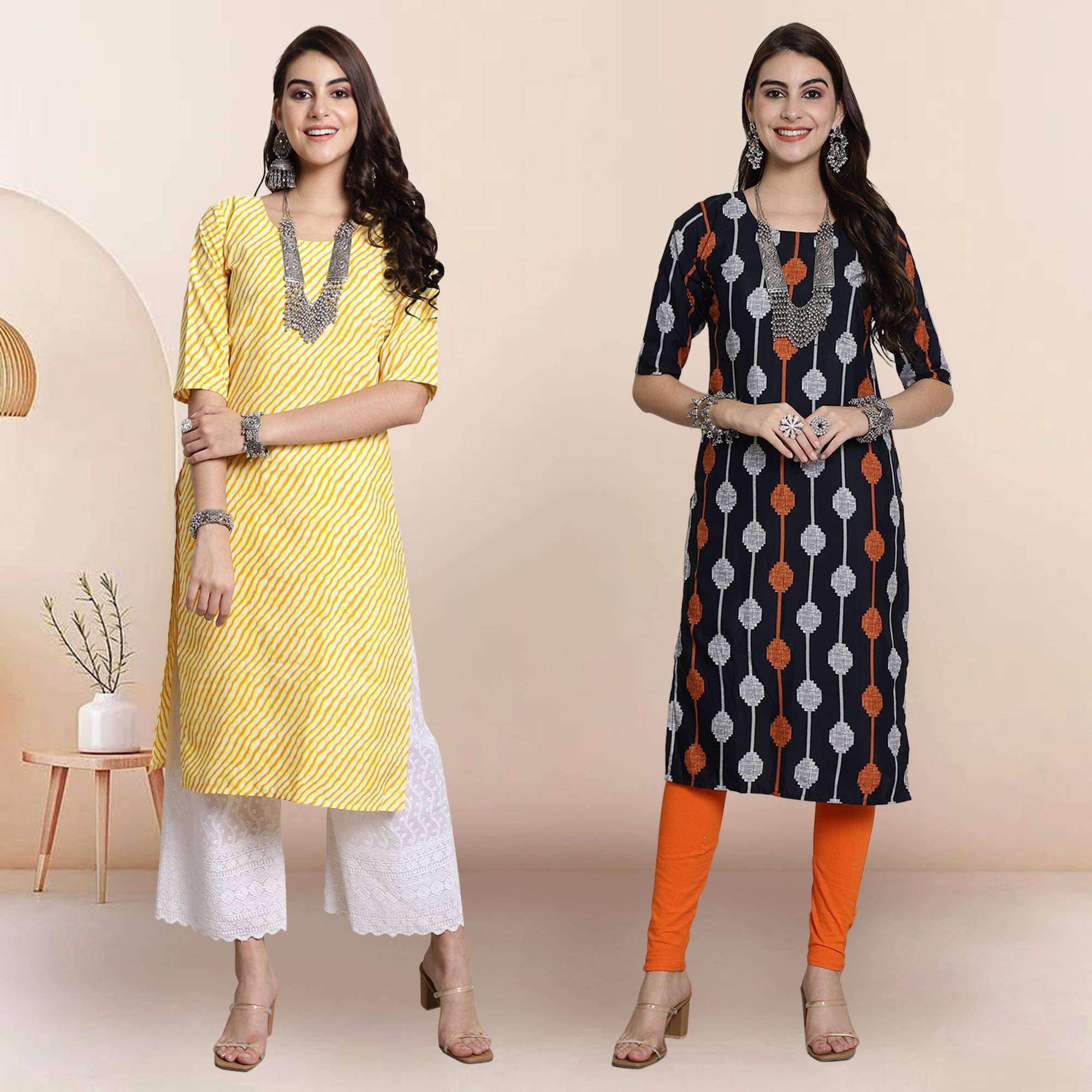 1 Stop Fashion Pack of 2 Crepe Printed Straight Women's Kurti - ( Multicolor4 ) 1 Stop Fashion Pack of 2 Crepe Printed Straight Women's Kurti - ( Multicolor4 )