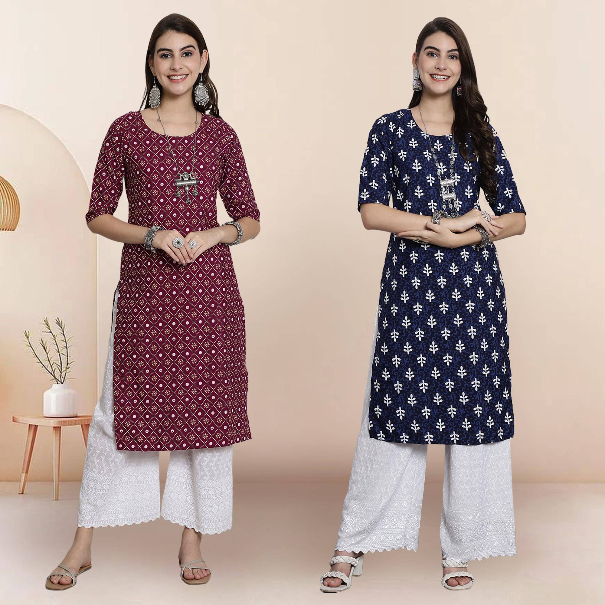     			1 Stop Fashion Pack of 2 Crepe Printed Straight Women's Kurti - ( Multicoloured )