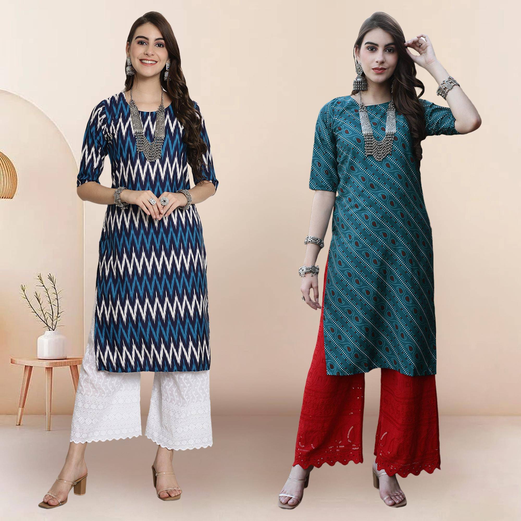 1 Stop Fashion Pack of 2 Crepe Printed Straight Women's Kurti - ( Multicolor1 ) 1 Stop Fashion Pack of 2 Crepe Printed Straight Women's Kurti - ( Multicolor1 )