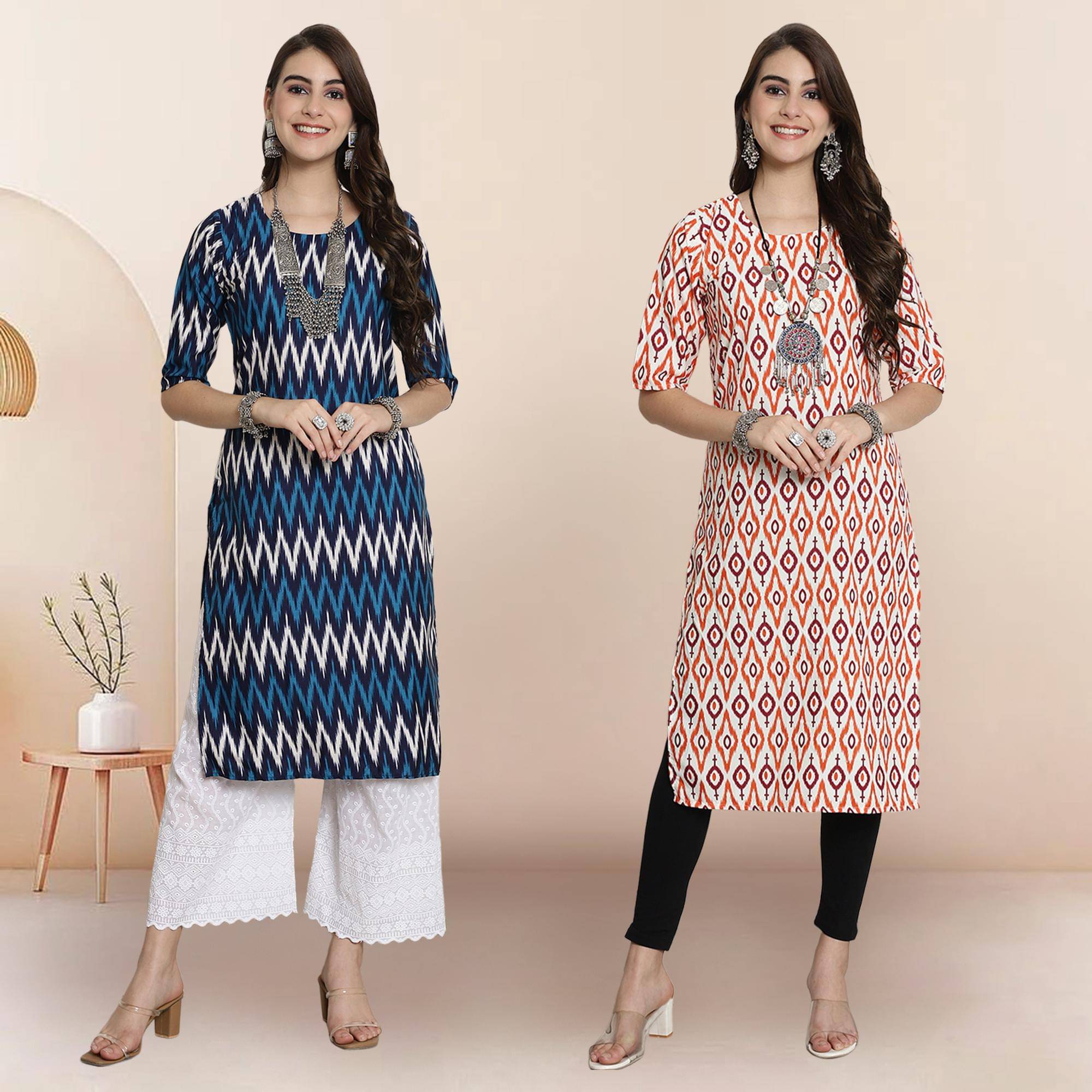 1 Stop Fashion Pack of 2 Crepe Printed Straight Women's Kurti - ( Multicolor2 ) 1 Stop Fashion Pack of 2 Crepe Printed Straight Women's Kurti - ( Multicolor2 )
