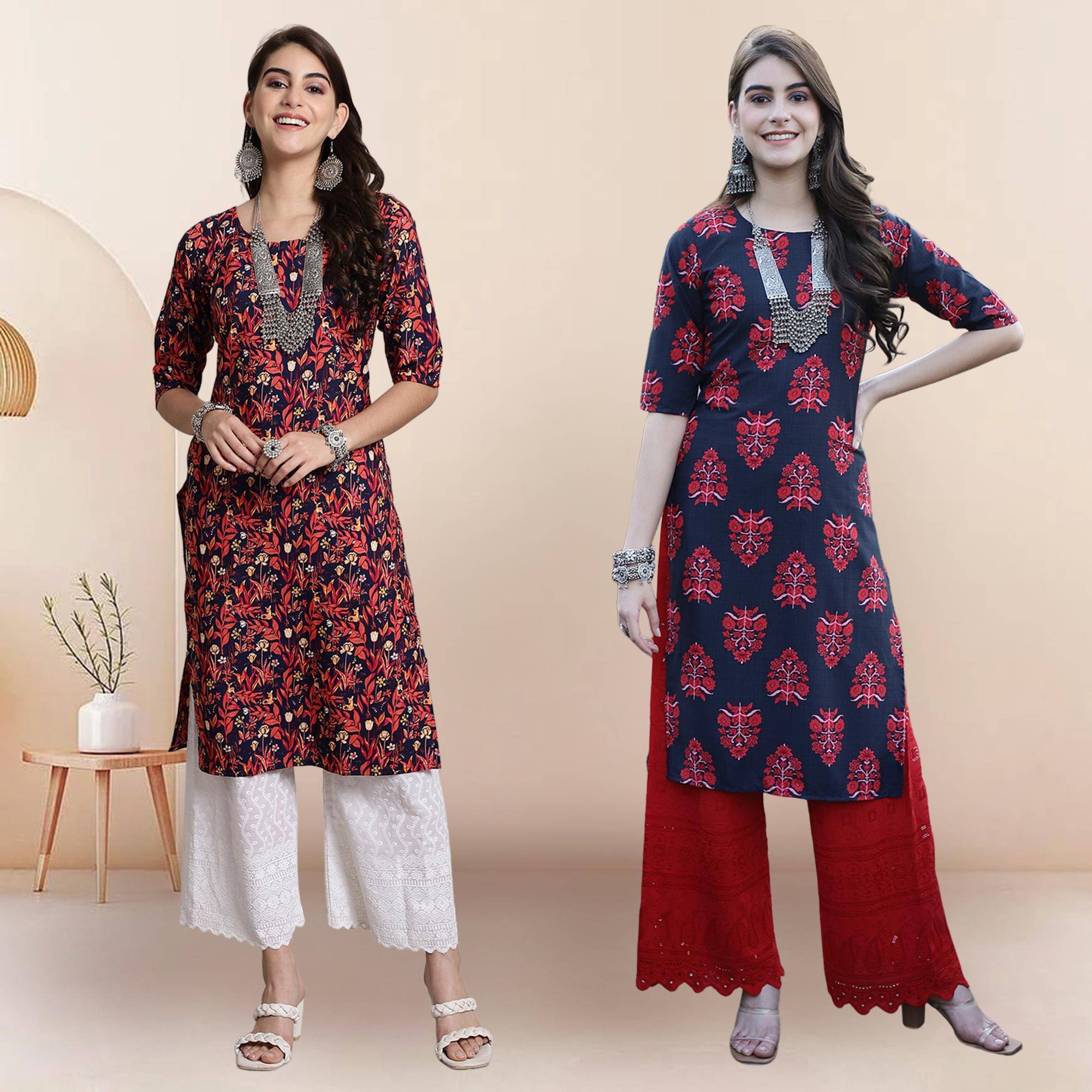 1 Stop Fashion Pack of 2 Crepe Printed Straight Women's Kurti - ( Multicolor1 ) 1 Stop Fashion Pack of 2 Crepe Printed Straight Women's Kurti - ( Multicolor1 )