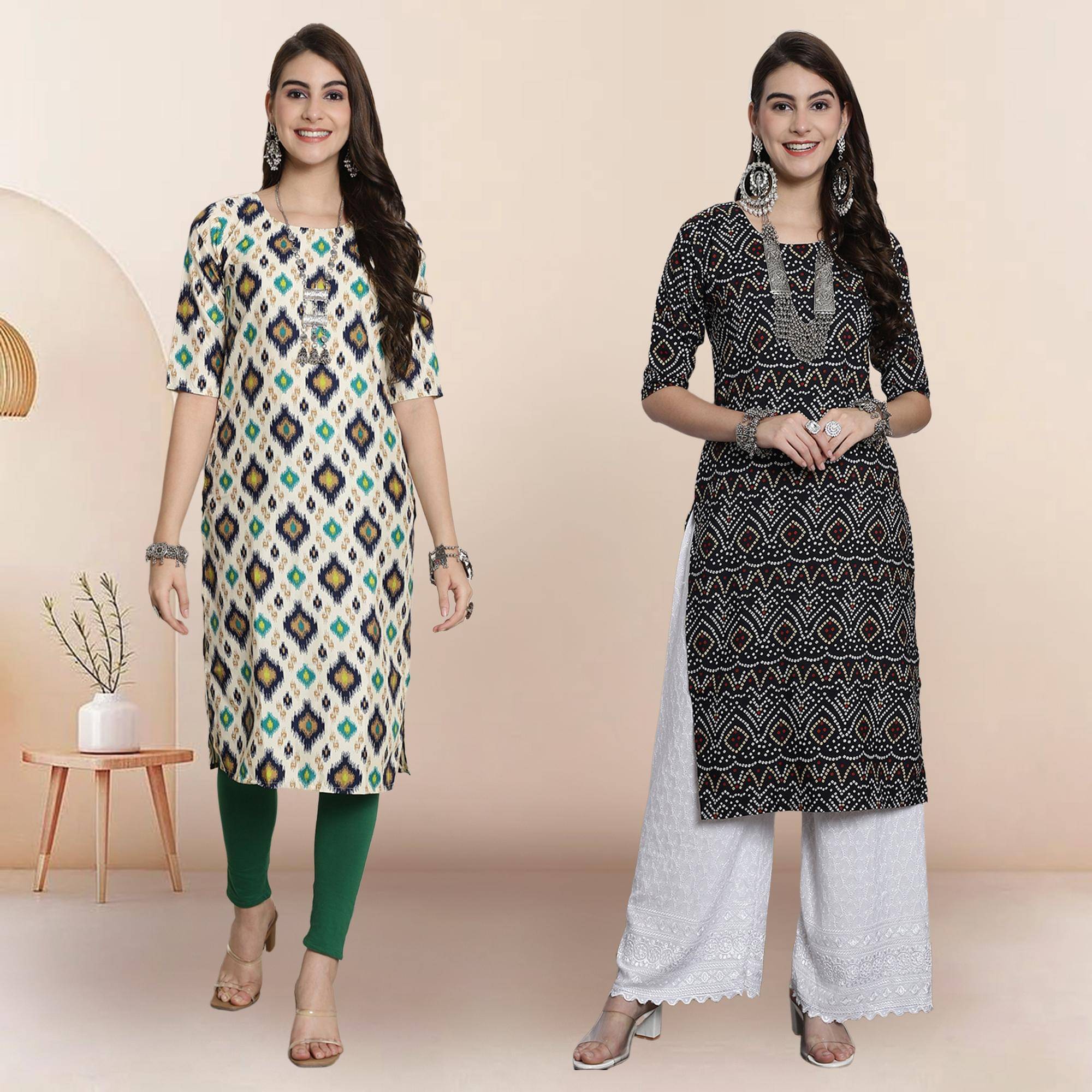 1 Stop Fashion Pack of 2 Crepe Printed Straight Women's Kurti - ( Multicolor1 ) 1 Stop Fashion Pack of 2 Crepe Printed Straight Women's Kurti - ( Multicolor1 )