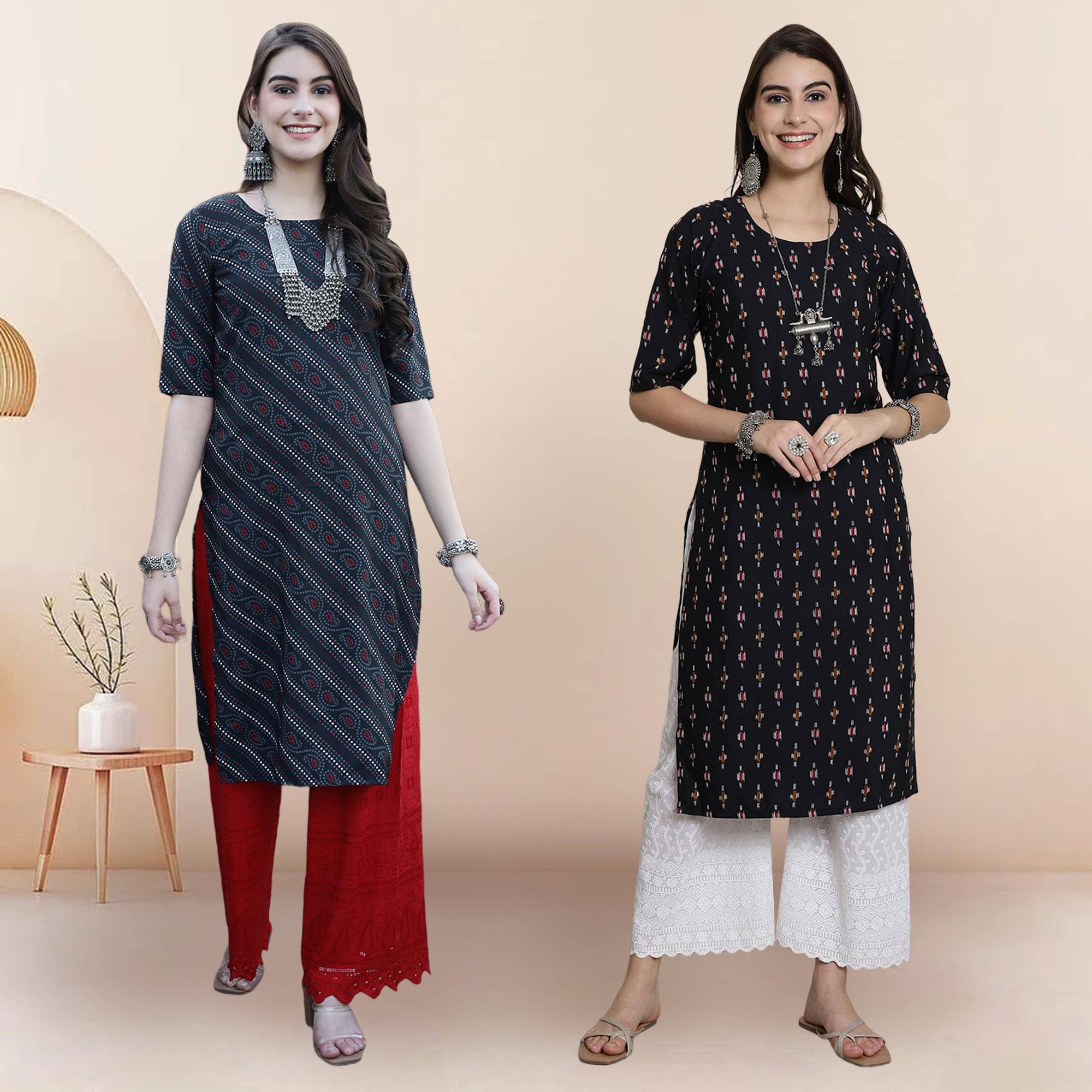1 Stop Fashion Pack of 2 Crepe Striped Straight Women's Kurti - ( Multicolor1 ) 1 Stop Fashion Pack of 2 Crepe Striped Straight Women's Kurti - ( Multicolor1 )