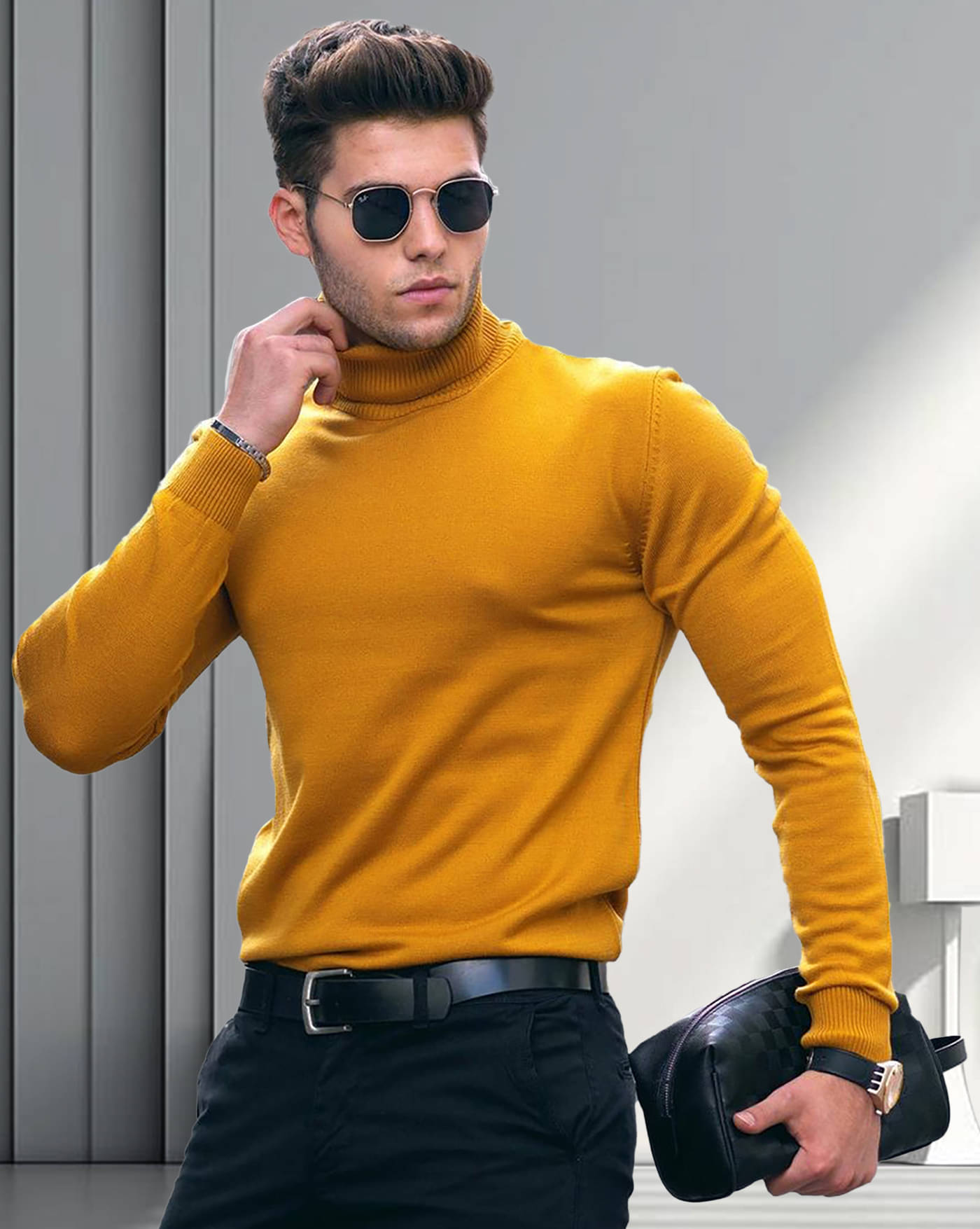     			AOOSH Cotton Blend Regular Fit Solid Full Sleeves Men's High Neck T-Shirt - Mustard ( Pack of 1 )