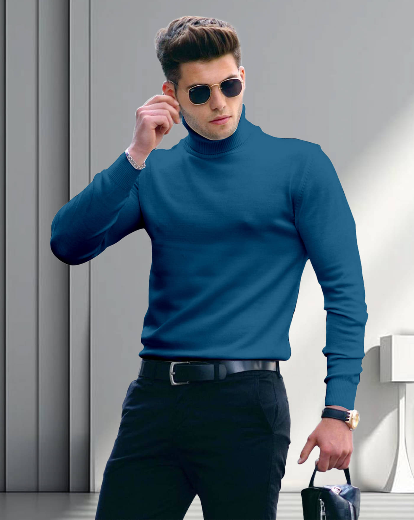 AOOSH Cotton Blend Regular Fit Solid Full Sleeves Men's High Neck T-Shirt - Teal Blue ( Pack of 1 ) AOOSH Cotton Blend Regular Fit Solid Full Sleeves Men's High Neck T-Shirt - Teal Blue ( Pack of 1 )