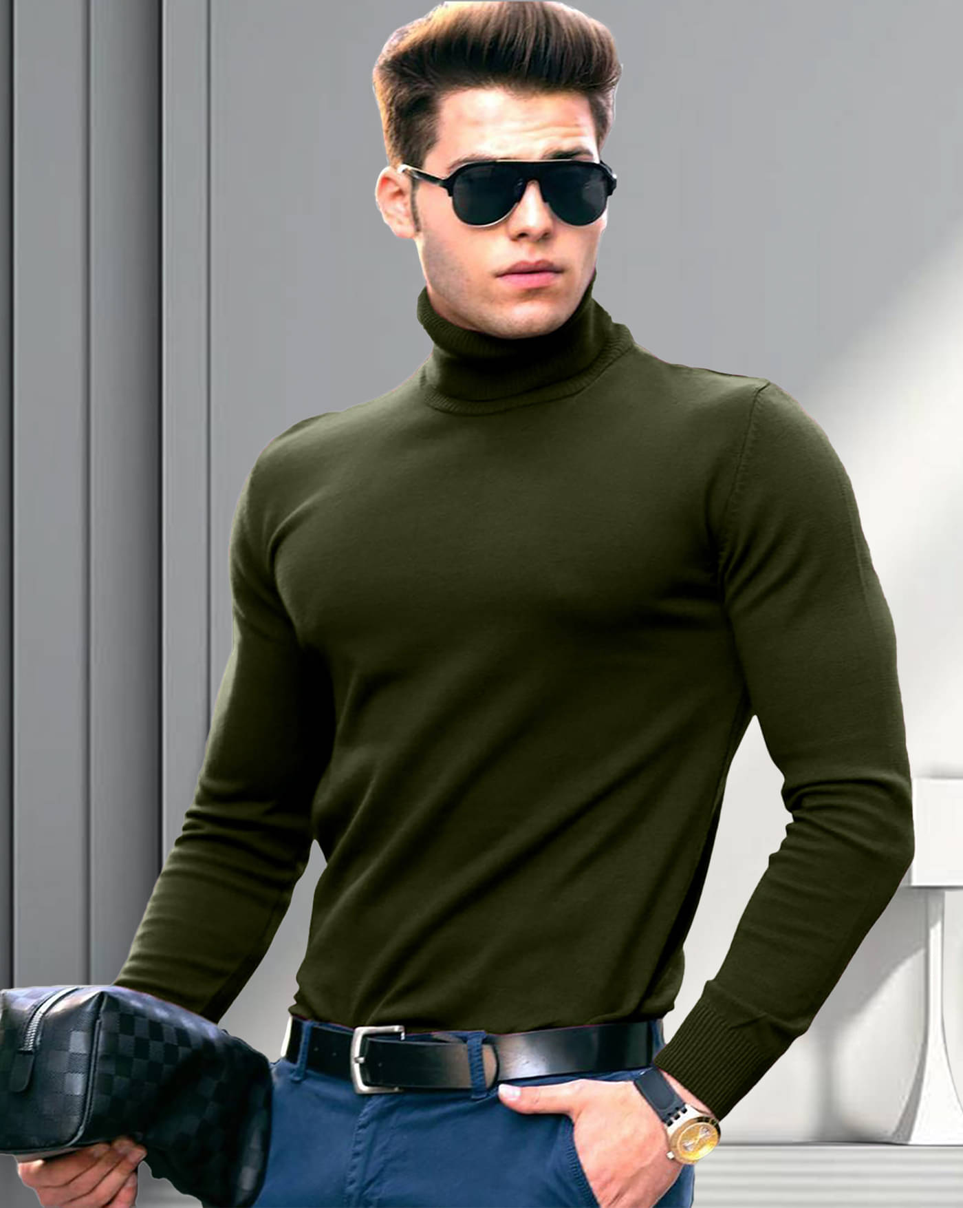     			AOOSH Cotton Blend Regular Fit Solid Full Sleeves Men's High Neck T-Shirt - Olive ( Pack of 1 )