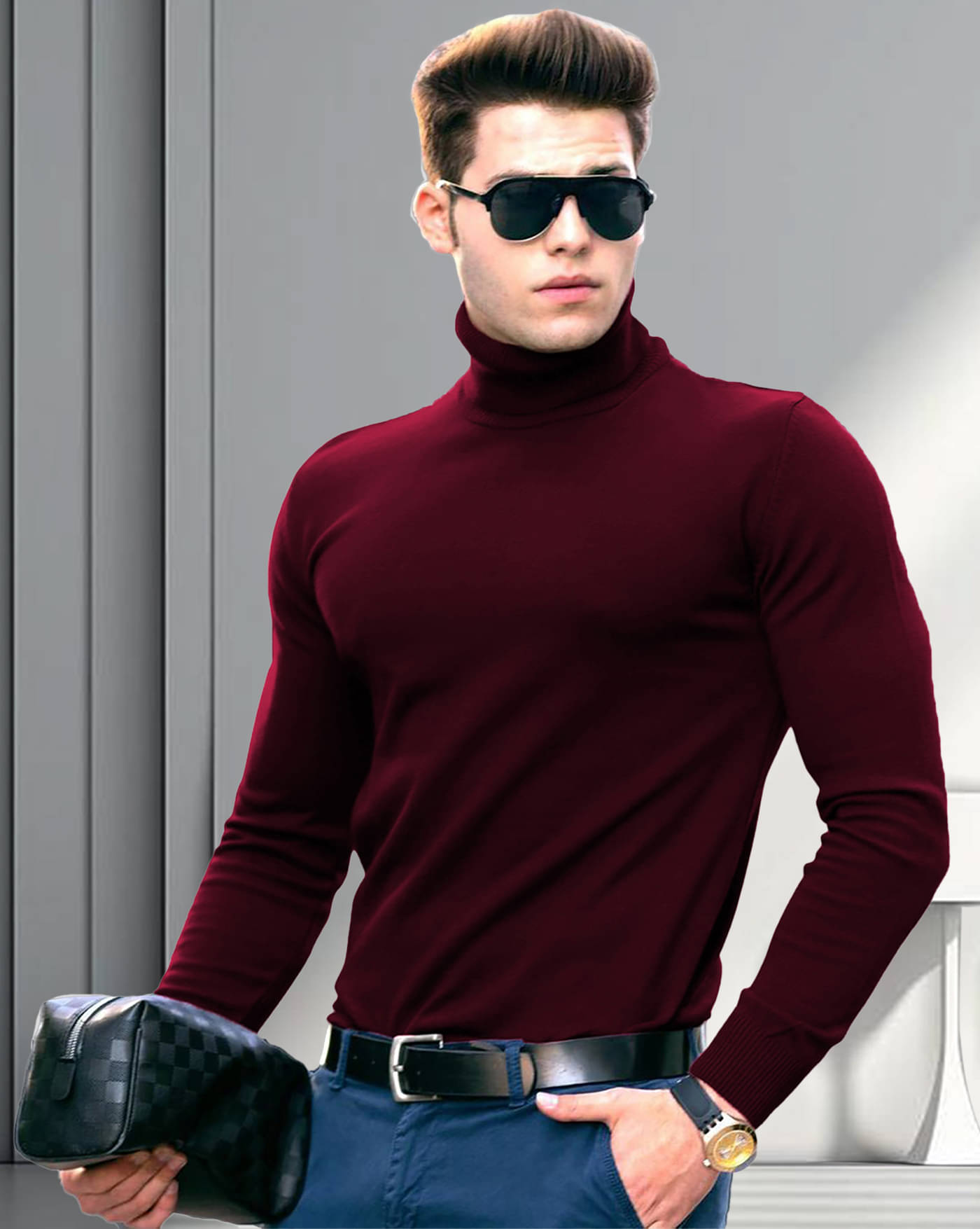     			AOOSH Cotton Blend Regular Fit Solid Full Sleeves Men's High Neck T-Shirt - Maroon ( Pack of 1 )