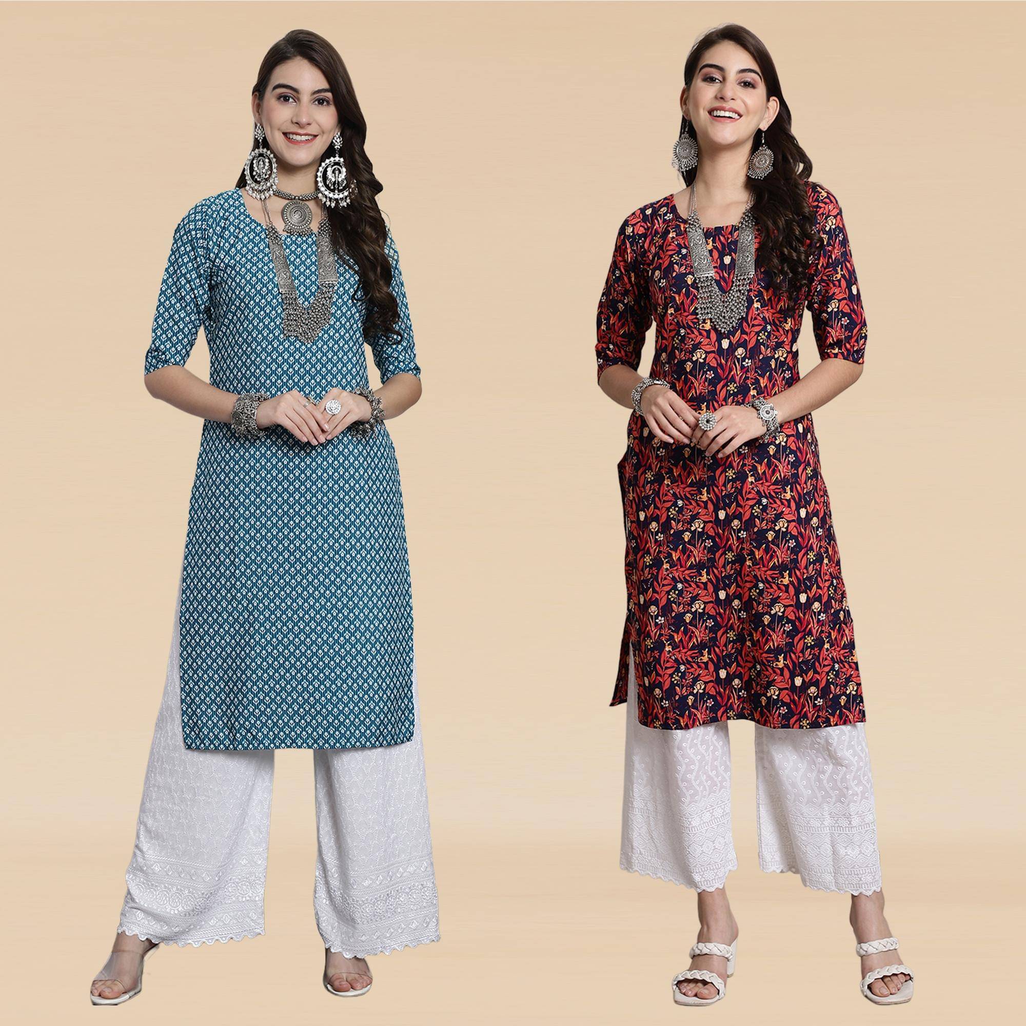     			Ethnicbasket Pack of 2 Crepe Printed Straight Women's Kurti - ( Multicolor1 )